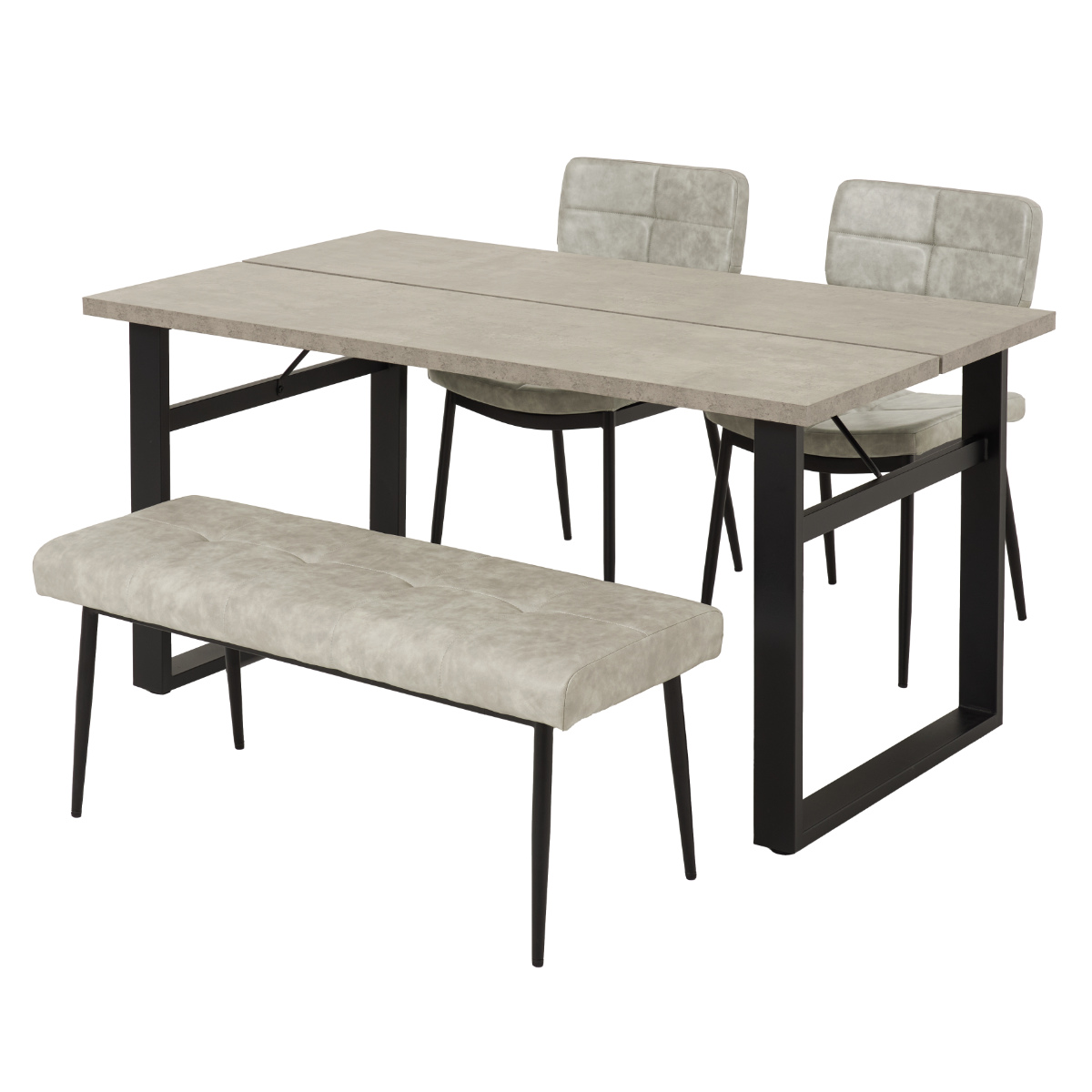 ダイニングテーブルセット 4人掛け 4点セット コンクリート調テーブル幅138cm ベンチ×1 チェア×2 ヴィンテージ調 ( ダイニングセット 食卓テーブル 椅子 テーブル 4人用 ダイニングテーブル ダイニングチェア ベンチ レザー調 ) 【ライトグレー】 ライトグレー