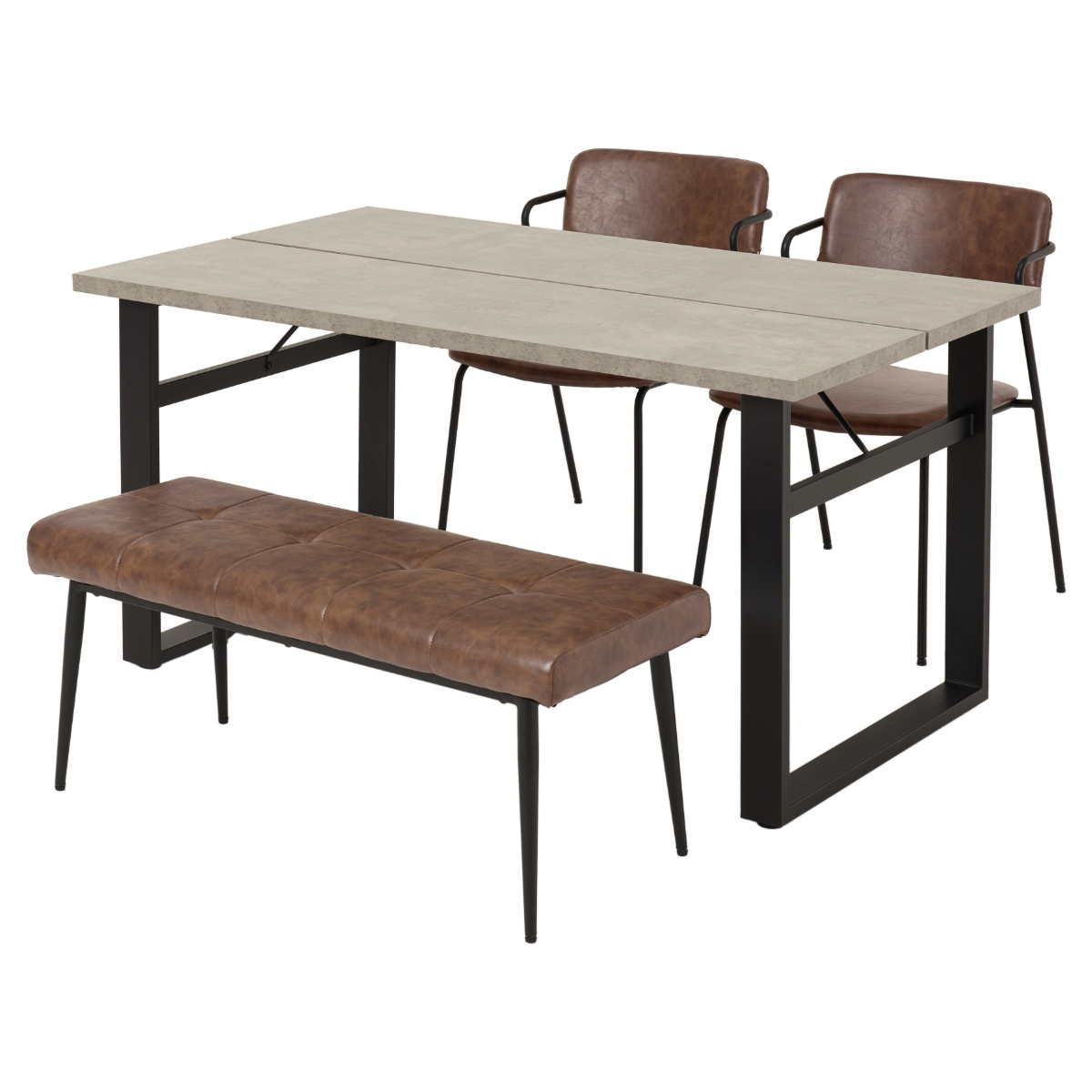 ダイニングテーブルセット 4人掛け 4点セット コンクリート調テーブル幅138cm ベンチ×1 チェア×2 Z型フレーム ( ダイニングセット 食卓テーブル 椅子 テーブル 4人用 ダイニングテーブル ダイニングチェア ベンチ レザー調 ) 【ダークブラウン】 ダークブラウン