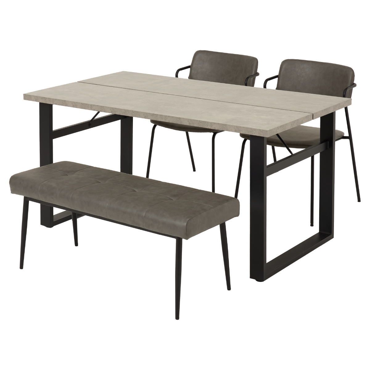 ダイニングテーブルセット 4人掛け 4点セット コンクリート調テーブル幅138cm ベンチ×1 チェア×2 Z型フレーム ( ダイニングセット 食卓テーブル 椅子 テーブル 4人用 ダイニングテーブル ダイニングチェア ベンチ レザー調 ) 【ダークグレー】 ダークグレー
