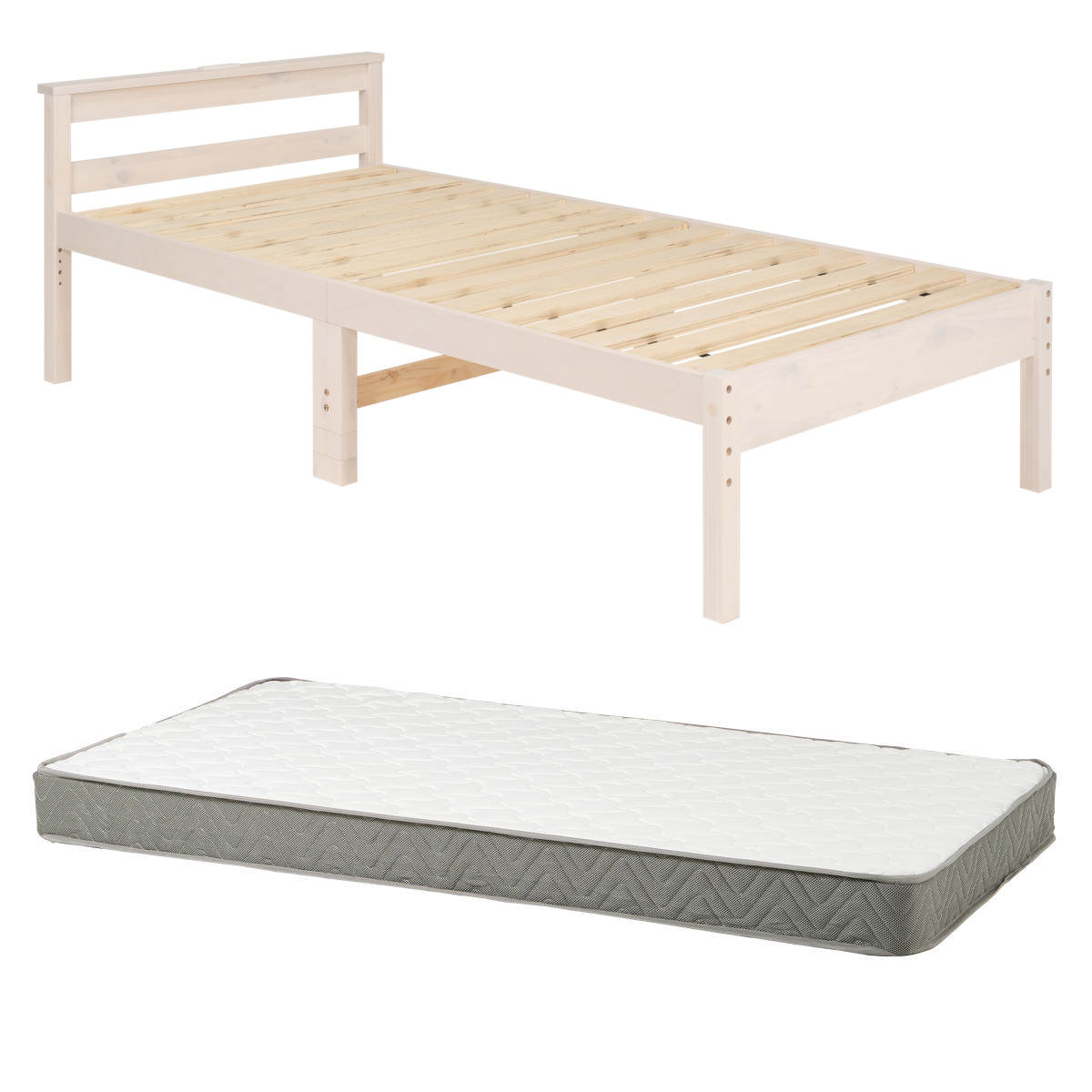 すのこベッド シングル ボンネルマットレス付 宮棚 2口コンセント付 床下収納 天然木 ( ベッド マットレス付 耐荷重200kg 圧縮梱包 ボンネルコイル 厚さ14.5cm マットレスセット ライトブラウン ナチュラル ホワイトウォッシュ ) 【ホワイトウォッシュ】 ホワイトウォッシュ