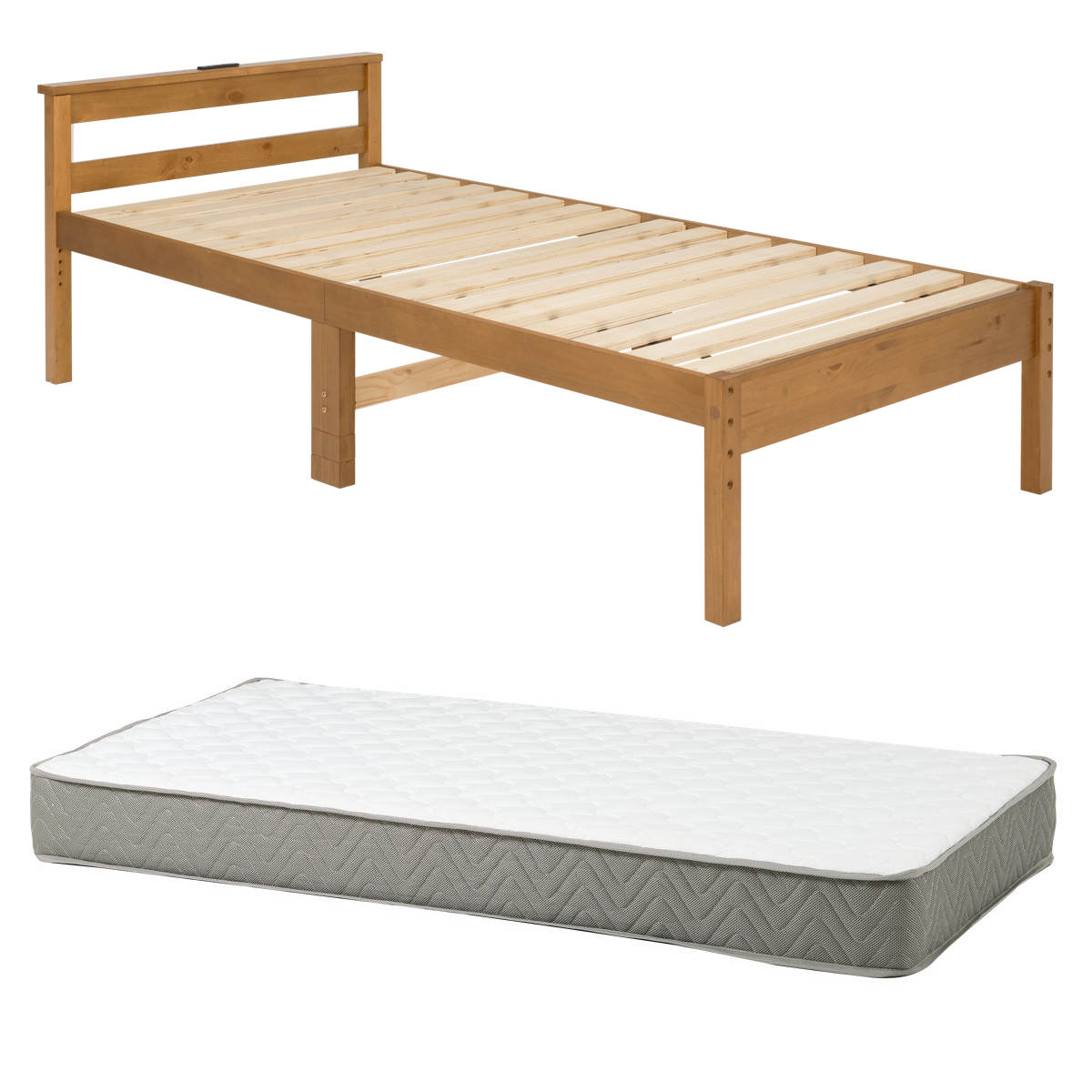 すのこベッド シングル ポケットマットレス付 宮棚 2口コンセント付 床下収納 天然木 ( ベッド マットレス付 耐荷重200kg 圧縮梱包 ポケットコイル 厚さ20cm マットレスセット ライトブラウン ナチュラル ホワイトウォッシュ ) 【ライトブラウン】 ライトブラウン