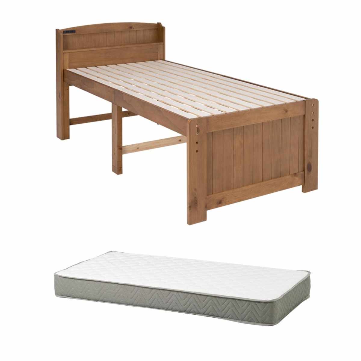 すのこベッド シングル ポケットマット付 宮棚 2口コンセント付 ( ベッド マットレス付 ポケットコイル コンセント付 天然木 ベッドフレーム 厚さ20cm ライトブラウン ナチュラル ホワイトウォッシュ ) 【ライトブラウン】 ライトブラウン