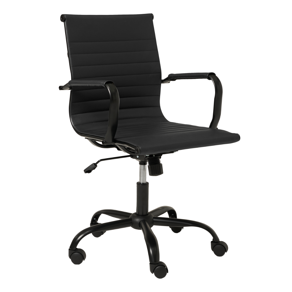 オフィスチェア 肘付 昇降式 レザー調 座面高42~48cm ( ワークチェア パソコンチェア ロッキング機能 高さ調節 座面 広い 回転 肘掛け アームレスト キャスター付き 学習椅子 勉強椅子 イス 椅子 オフィス 会社 ) 【ブラック】 ブラック