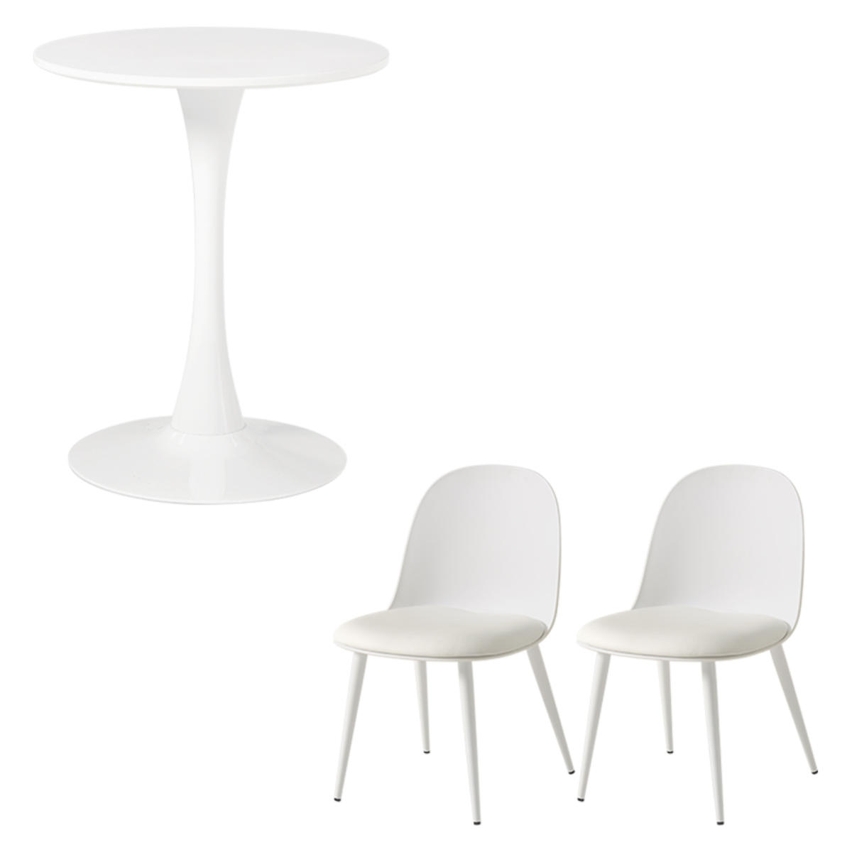 テーブル&チェア 3点セット 幅60cm 座面高42.5cm 円形 石目調 ラウンドテーブル カフェテーブル ( 丸 2人用 2人掛け ダイニングセット コンパクト テーブル 食卓テーブル 椅子 イス ダイニングテーブル ダイニングチェア 1本脚 ) 【ホワイト×ホワイト】 ホワイト×ホワイト