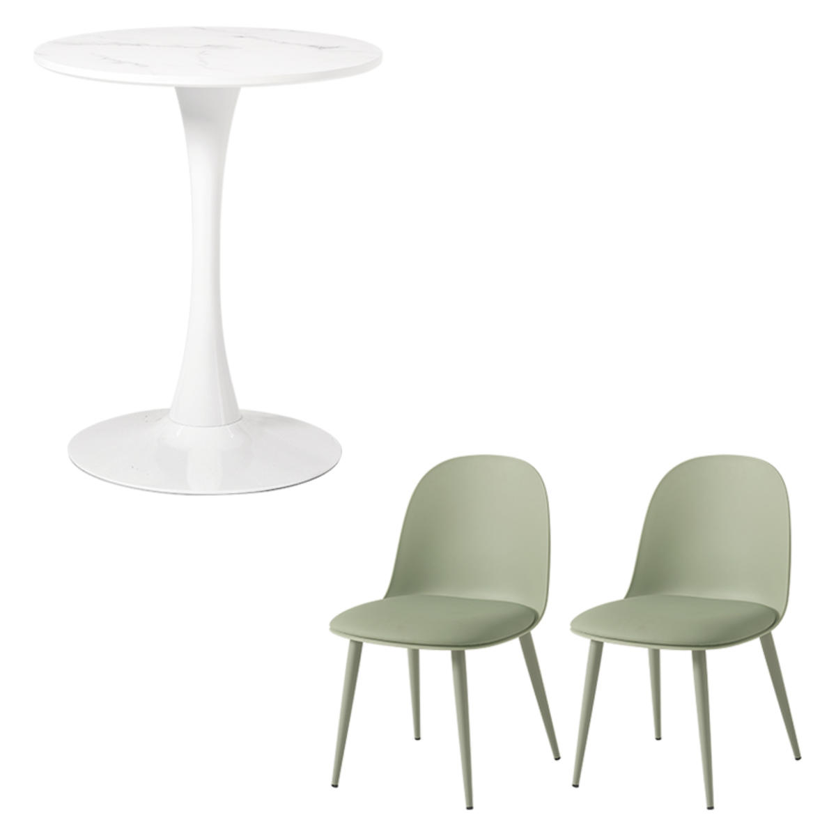 テーブル&チェア 3点セット 幅60cm 座面高42.5cm 円形 石目調 ラウンドテーブル カフェテーブル ( 丸 2人用 2人掛け ダイニングセット コンパクト テーブル 食卓テーブル 椅子 イス ダイニングテーブル ダイニングチェア 1本脚 ) 【マーブルホワイト×グリーン】 マーブルホワイト×グリーン