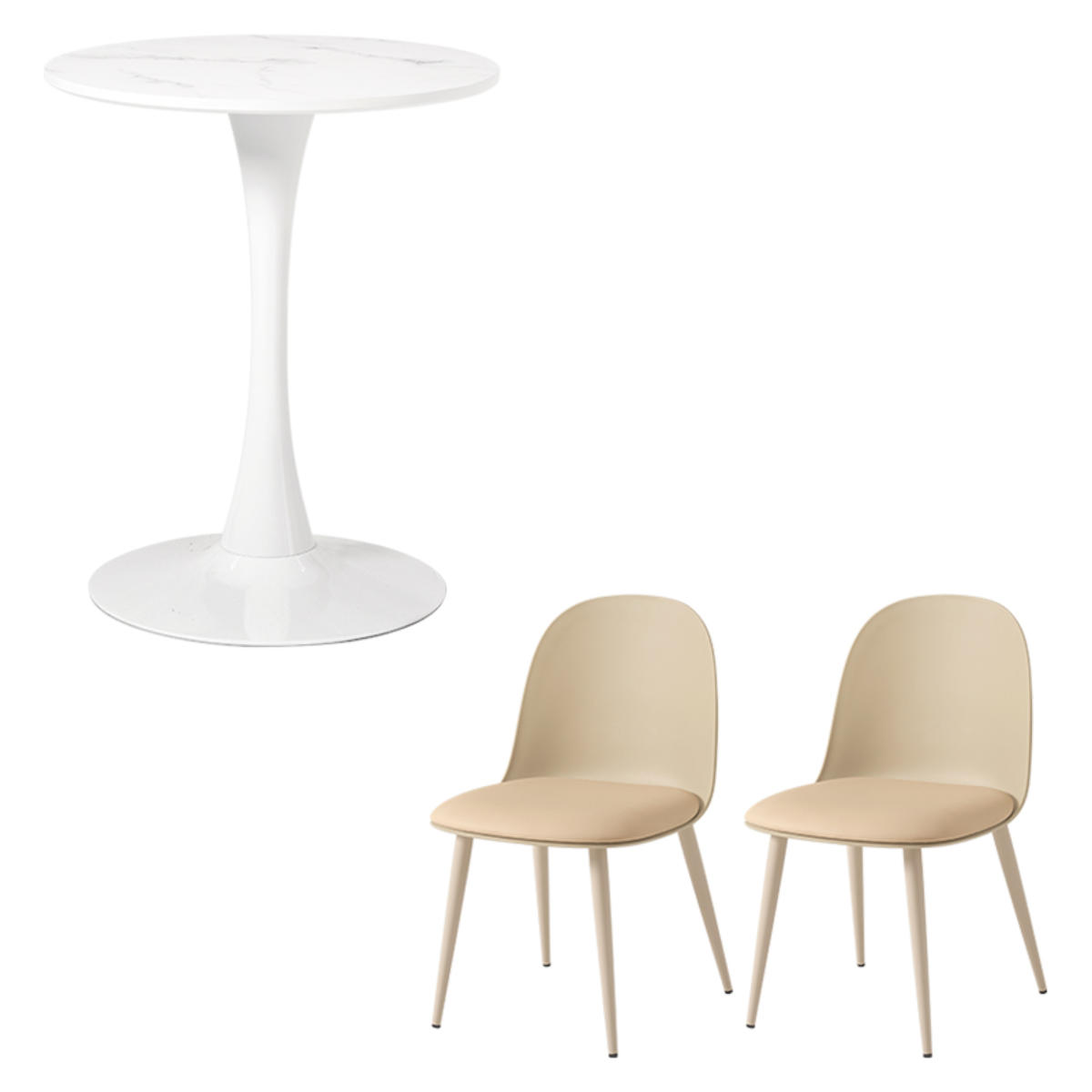 テーブル&チェア 3点セット 幅60cm 座面高42.5cm 円形 石目調 ラウンドテーブル カフェテーブル ( 丸 2人用 2人掛け ダイニングセット コンパクト テーブル 食卓テーブル 椅子 イス ダイニングテーブル ダイニングチェア 1本脚 ) 【マーブルホワイト×ベージュ】 マーブルホワイト×ベージュ