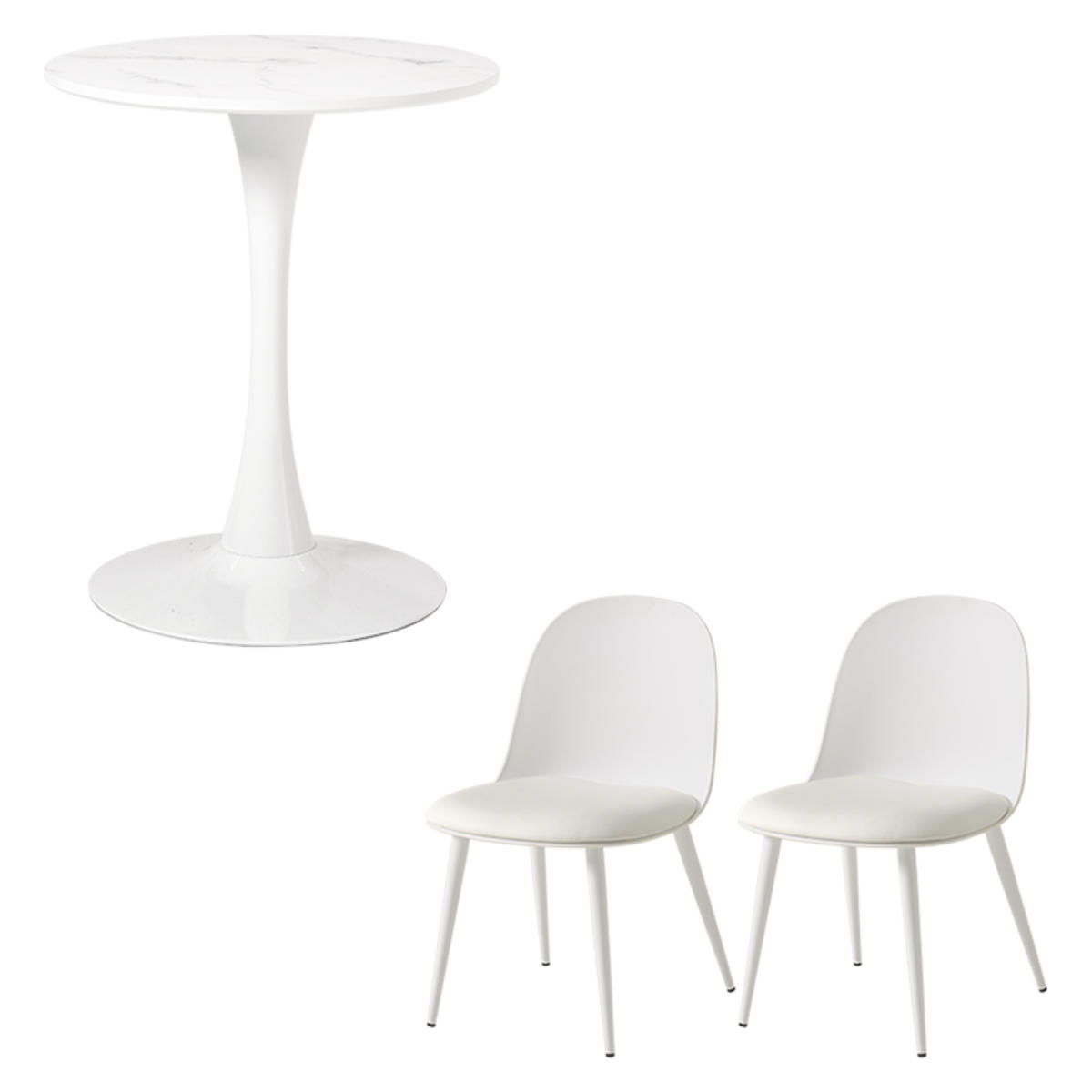 テーブル&チェア 3点セット 幅60cm 座面高42.5cm 円形 石目調 ラウンドテーブル カフェテーブル ( 丸 2人用 2人掛け ダイニングセット コンパクト テーブル 食卓テーブル 椅子 イス ダイニングテーブル ダイニングチェア 1本脚 ) 【マーブルホワイト×ホワイト】 マーブルホワイト×ホワイト