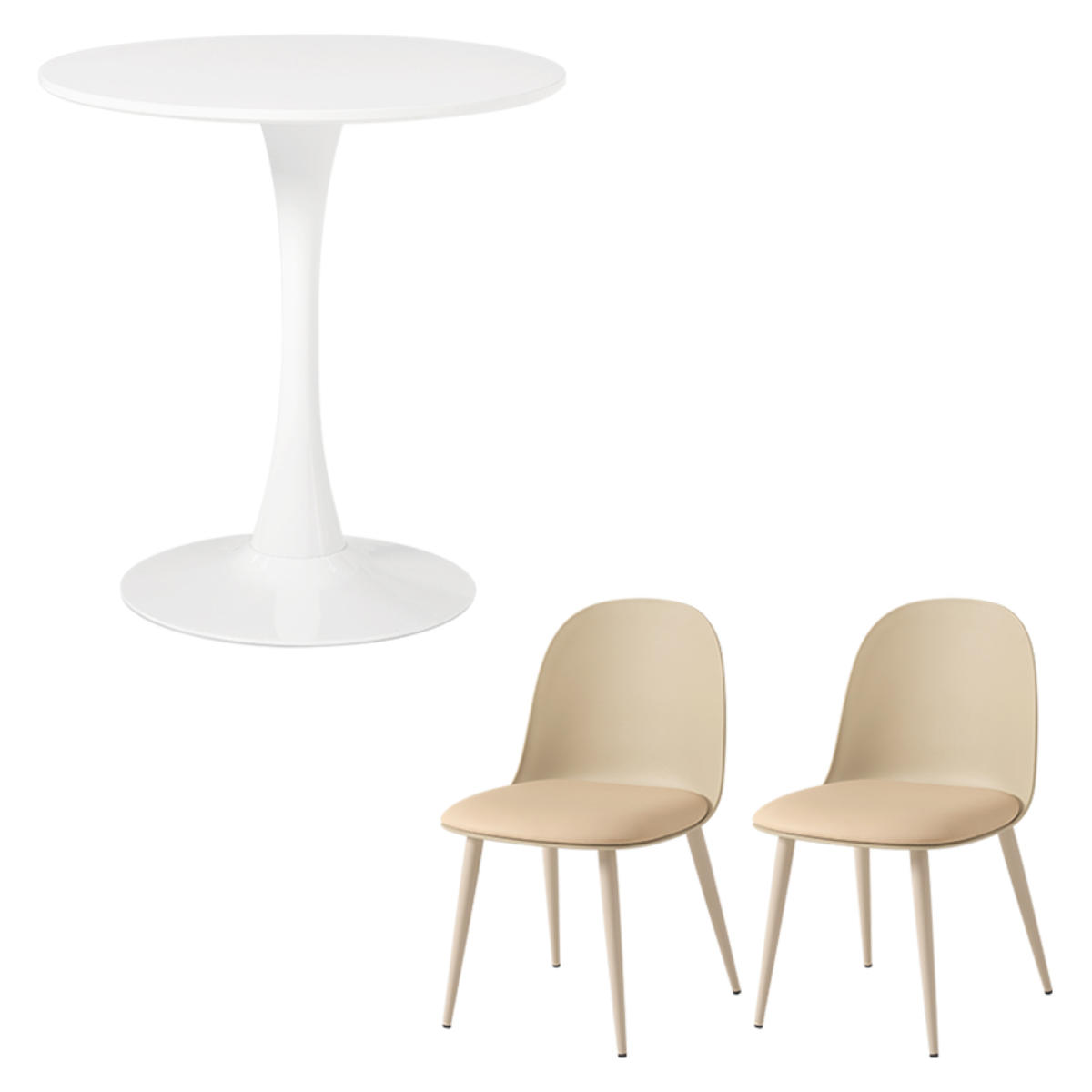 テーブル&チェア 3点セット 幅70cm 座面高42.5cm 円形 石目調 ラウンドテーブル カフェテーブル ( 丸 2人用 2人掛け ダイニングセット コンパクト テーブル 食卓テーブル 椅子 イス ダイニングテーブル ダイニングチェア 1本脚 ) 【ホワイト×ベージュ】 ホワイト×ベージュ