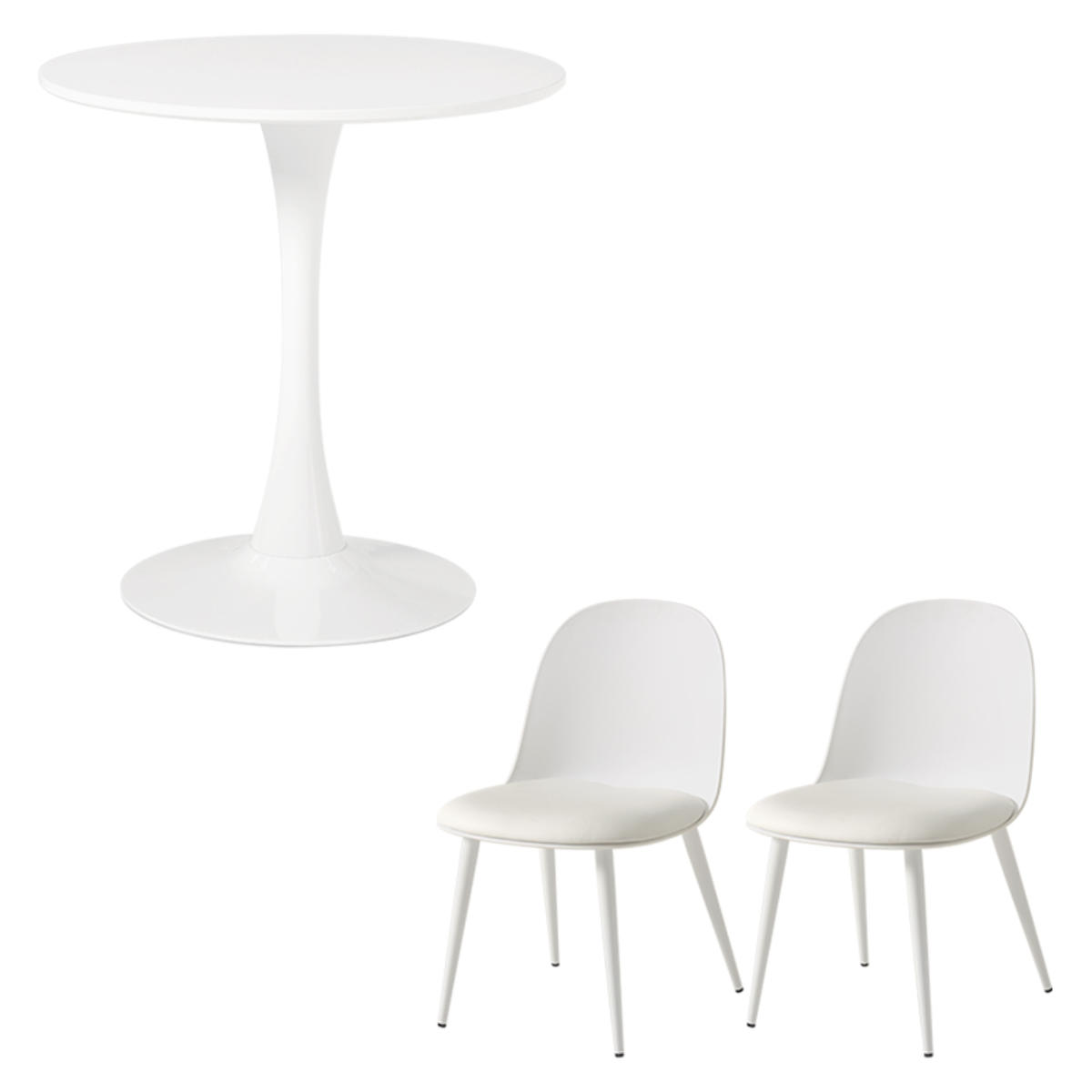 テーブル&チェア 3点セット 幅70cm 座面高42.5cm 円形 石目調 ラウンドテーブル カフェテーブル ( 丸 2人用 2人掛け ダイニングセット コンパクト テーブル 食卓テーブル 椅子 イス ダイニングテーブル ダイニングチェア 1本脚 ) 【ホワイト×ホワイト】 ホワイト×ホワイト