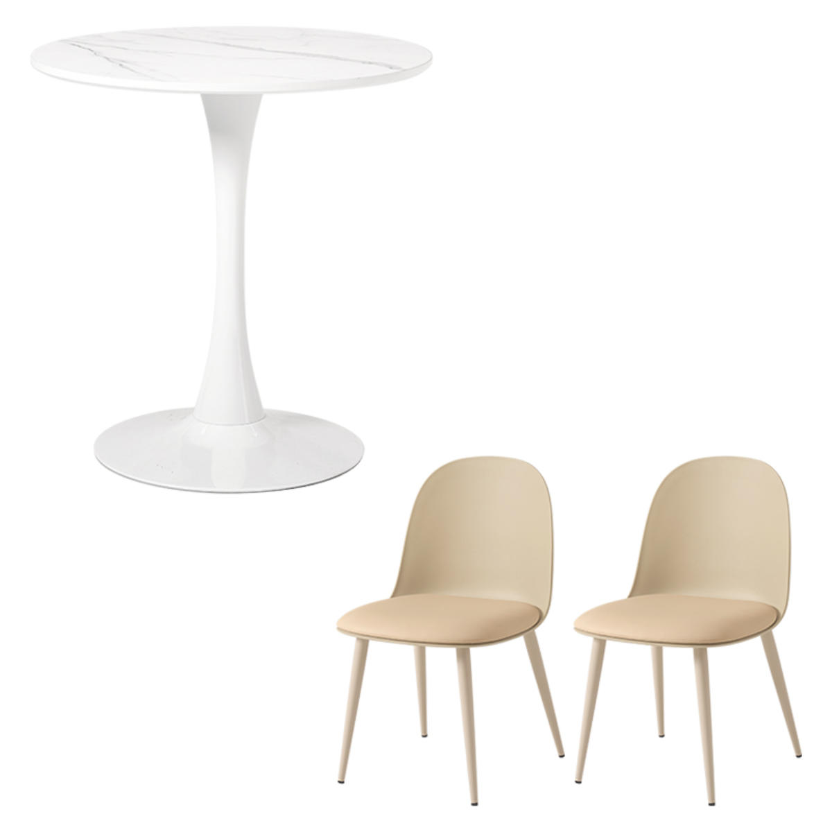 テーブル&チェア 3点セット 幅70cm 座面高42.5cm 円形 石目調 ラウンドテーブル カフェテーブル ( 丸 2人用 2人掛け ダイニングセット コンパクト テーブル 食卓テーブル 椅子 イス ダイニングテーブル ダイニングチェア 1本脚 ) 【マーブルホワイト×ベージュ】 マーブルホワイト×ベージュ
