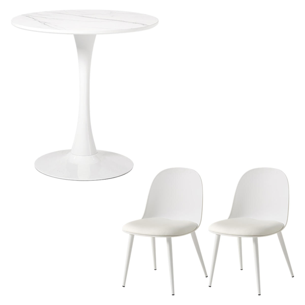 テーブル&チェア 3点セット 幅70cm 座面高42.5cm 円形 石目調 ラウンドテーブル カフェテーブル ( 丸 2人用 2人掛け ダイニングセット コンパクト テーブル 食卓テーブル 椅子 イス ダイニングテーブル ダイニングチェア 1本脚 ) 【マーブルホワイト×ホワイト】 マーブルホワイト×ホワイト