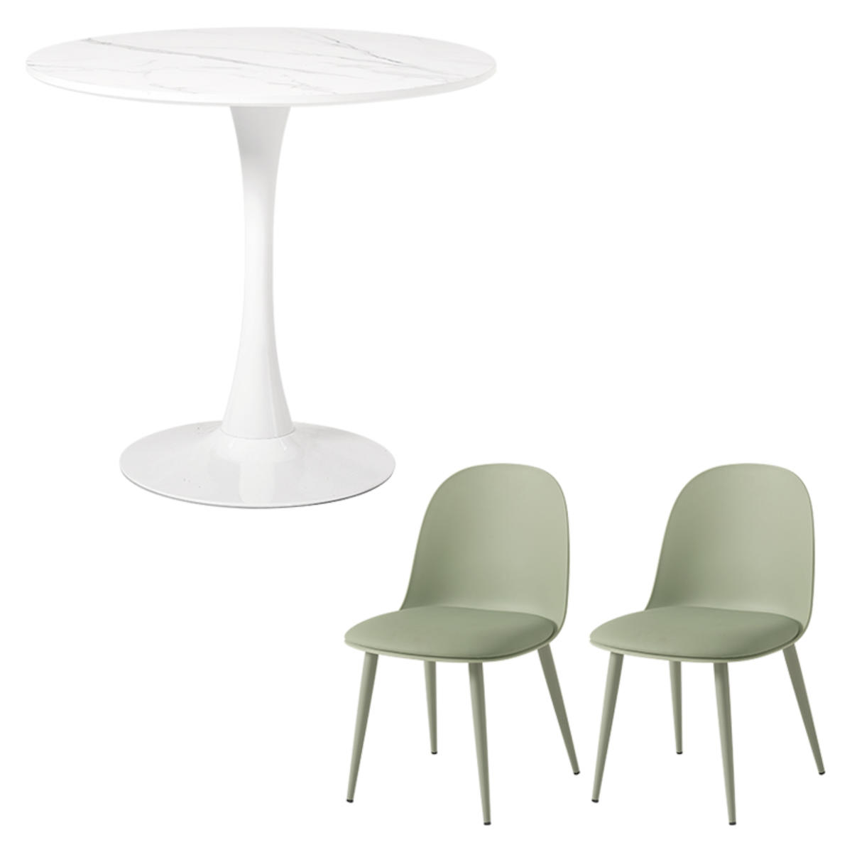 テーブル&チェア 3点セット 幅80cm 座面高42.5cm 円形 石目調 ラウンドテーブル カフェテーブル ( 丸 2人用 2人掛け ダイニングセット コンパクト テーブル 食卓テーブル 椅子 イス ダイニングテーブル ダイニングチェア 1本脚 ) 【マーブルホワイト×グリーン】 マーブルホワイト×グリーン