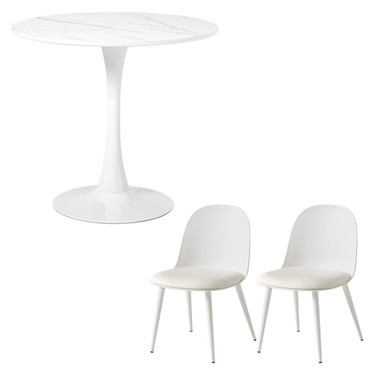 テーブル&チェア 3点セット 幅80cm 座面高42.5cm 円形 石目調 ラウンドテーブル カフェテーブル ( 丸 2人用 2人掛け ダイニングセット コンパクト テーブル 食卓テーブル 椅子 イス ダイニングテーブル ダイニングチェア 1本脚 ) 【マーブルホワイト×ホワイト】 マーブルホワイト×ホワイト