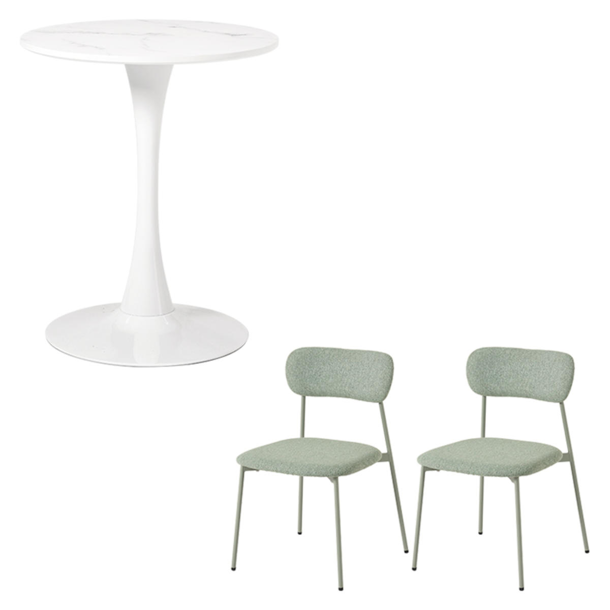 テーブル&チェア 3点セット 幅60cm 座面高42.5cm 石目調 ラウンドテーブル カフェテーブル ( 丸テーブル 1本脚 イス 椅子 2人掛け ダイニングセット 食卓テーブル ダイニングテーブル ダイニングチェア 2人用 コンパクト ) 【マーブルホワイト×グリーン】 マーブルホワイト×グリーン