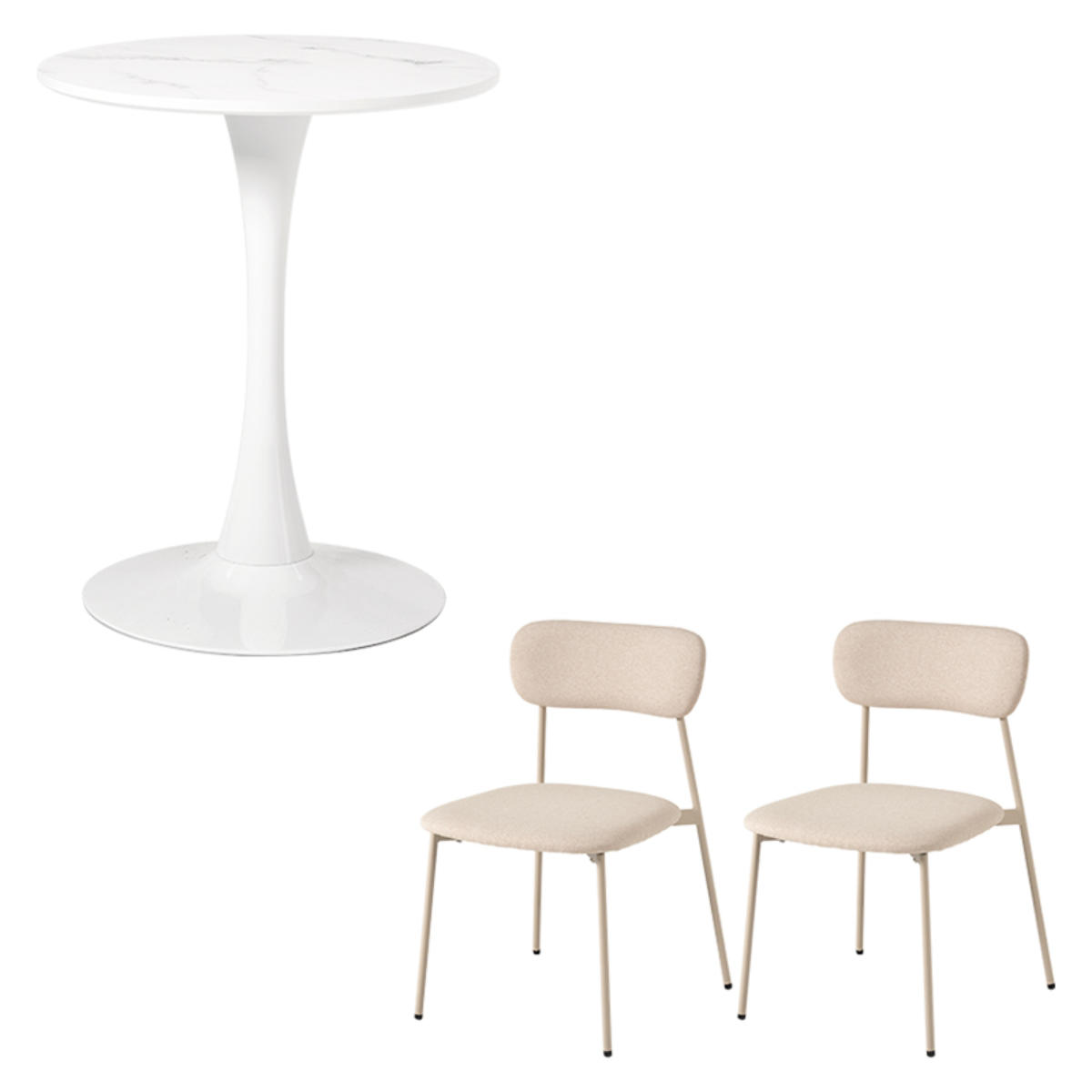 テーブル&チェア 3点セット 幅60cm 座面高42.5cm 石目調 ラウンドテーブル カフェテーブル ( 丸テーブル 1本脚 イス 椅子 2人掛け ダイニングセット 食卓テーブル ダイニングテーブル ダイニングチェア 2人用 コンパクト ) 【マーブルホワイト×ベージュ】 マーブルホワイト×ベージュ