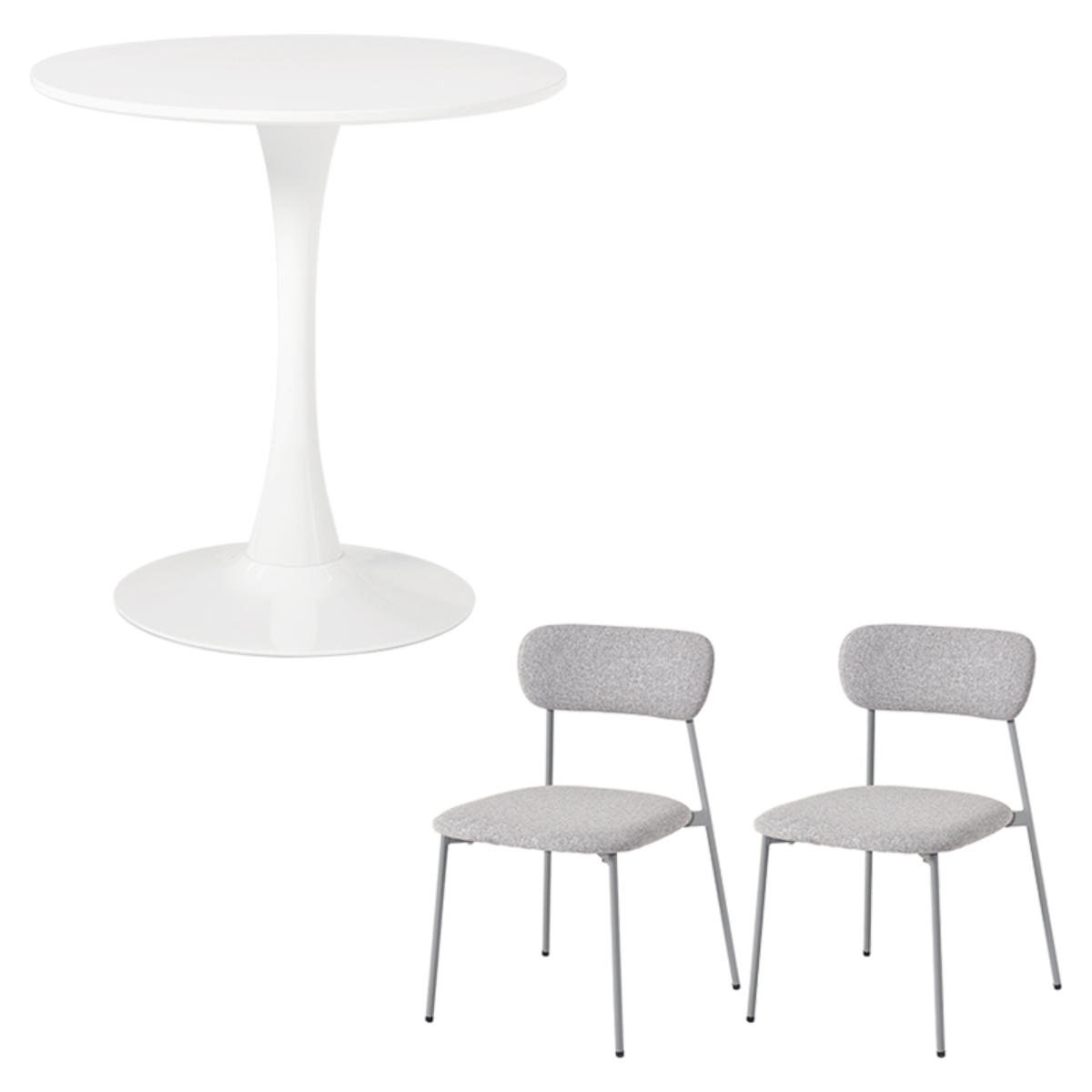 テーブル&チェア 3点セット 幅70cm 座面高42.5cm 石目調 ラウンドテーブル カフェテーブル ( 丸テーブル 1本脚 イス 椅子 2人掛け ダイニングセット 食卓テーブル ダイニングテーブル ダイニングチェア 2人用 コンパクト ) 【ホワイト×グレー】 ホワイト×グレー