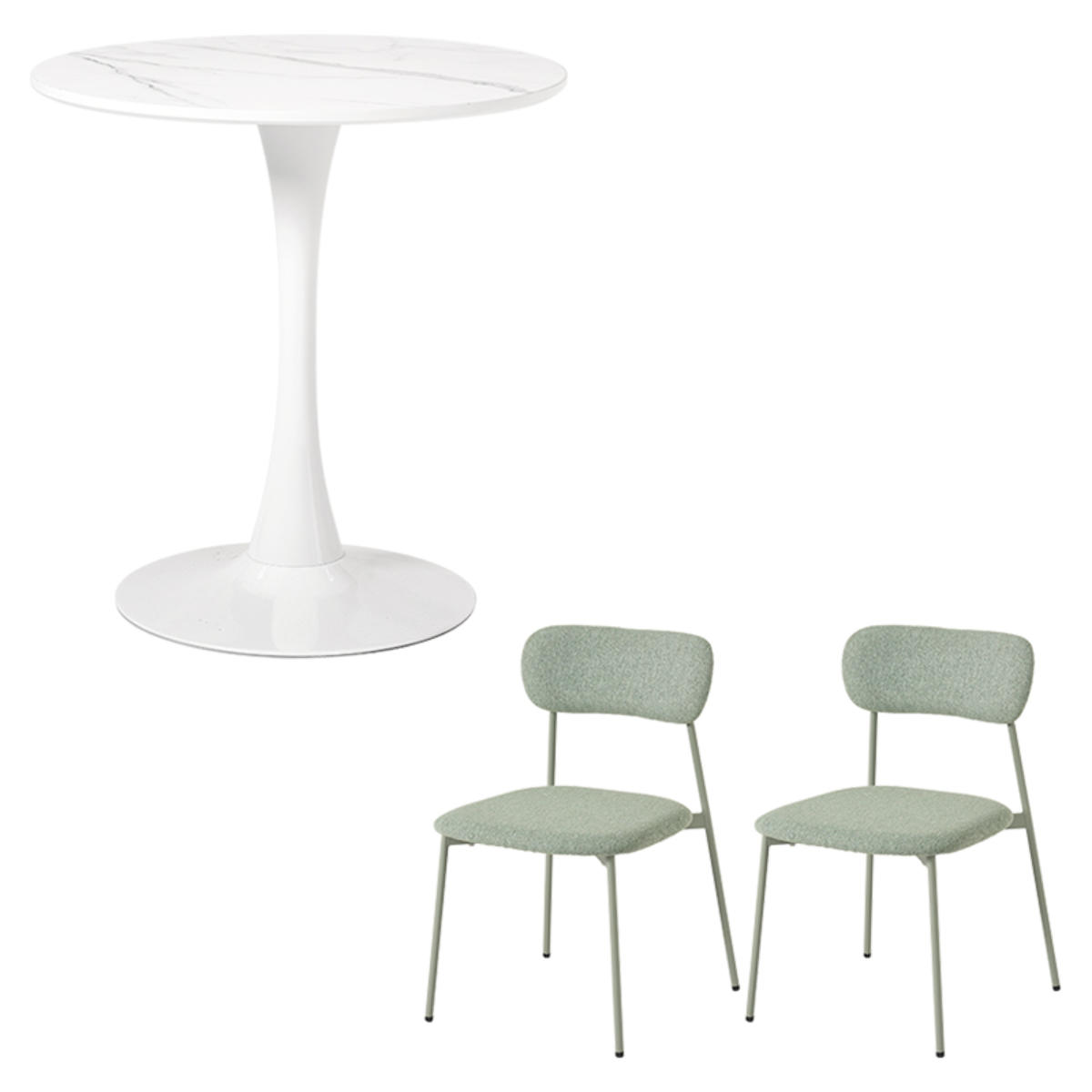 テーブル&チェア 3点セット 幅70cm 座面高42.5cm 石目調 ラウンドテーブル カフェテーブル ( 丸テーブル 1本脚 イス 椅子 2人掛け ダイニングセット 食卓テーブル ダイニングテーブル ダイニングチェア 2人用 コンパクト ) 【マーブルホワイト×グリーン】 マーブルホワイト×グリーン