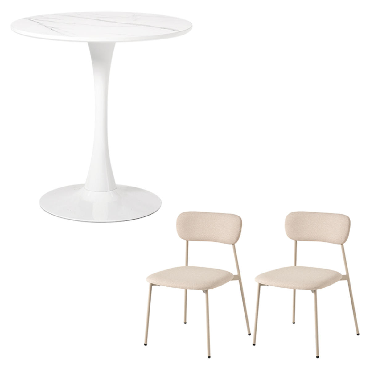 テーブル&チェア 3点セット 幅70cm 座面高42.5cm 石目調 ラウンドテーブル カフェテーブル ( 丸テーブル 1本脚 イス 椅子 2人掛け ダイニングセット 食卓テーブル ダイニングテーブル ダイニングチェア 2人用 コンパクト ) 【マーブルホワイト×ベージュ】 マーブルホワイト×ベージュ