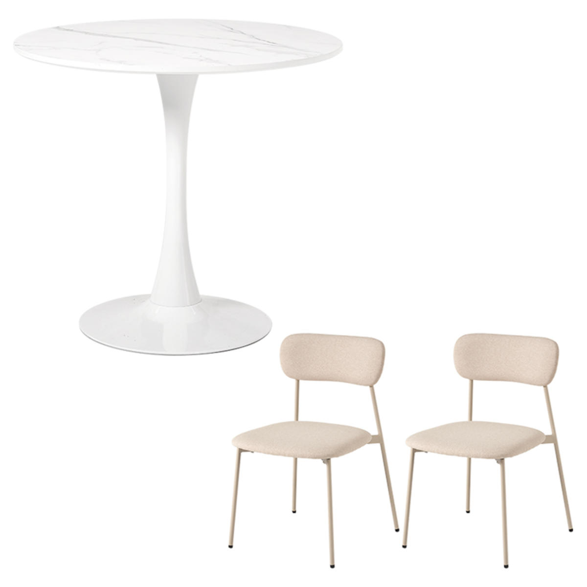 テーブル&チェア 3点セット 幅80cm 座面高42.5cm 石目調 ラウンドテーブル カフェテーブル ( 丸テーブル 1本脚 イス 椅子 2人掛け ダイニングセット 食卓テーブル ダイニングテーブル ダイニングチェア 2人用 ) 【マーブルホワイト×ベージュ】 マーブルホワイト×ベージュ