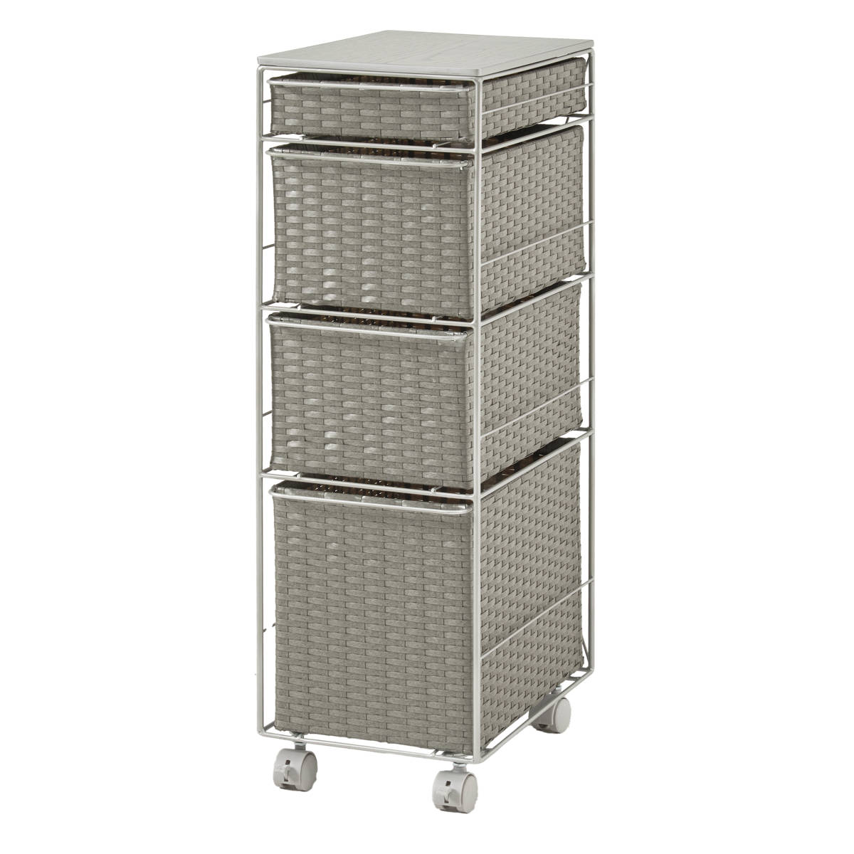 ランドリーチェスト 幅25cm 4段 スリム 引き出し 隙間収納 キャスター付き 木目調天板 スチール ポリエチレン ( チェスト ラタン調 すき間 キャスター 収納 かご 天板 ランドリーラック サニタリーラック ワゴン 樹脂製 編みかご ) 【グレー】 グレー