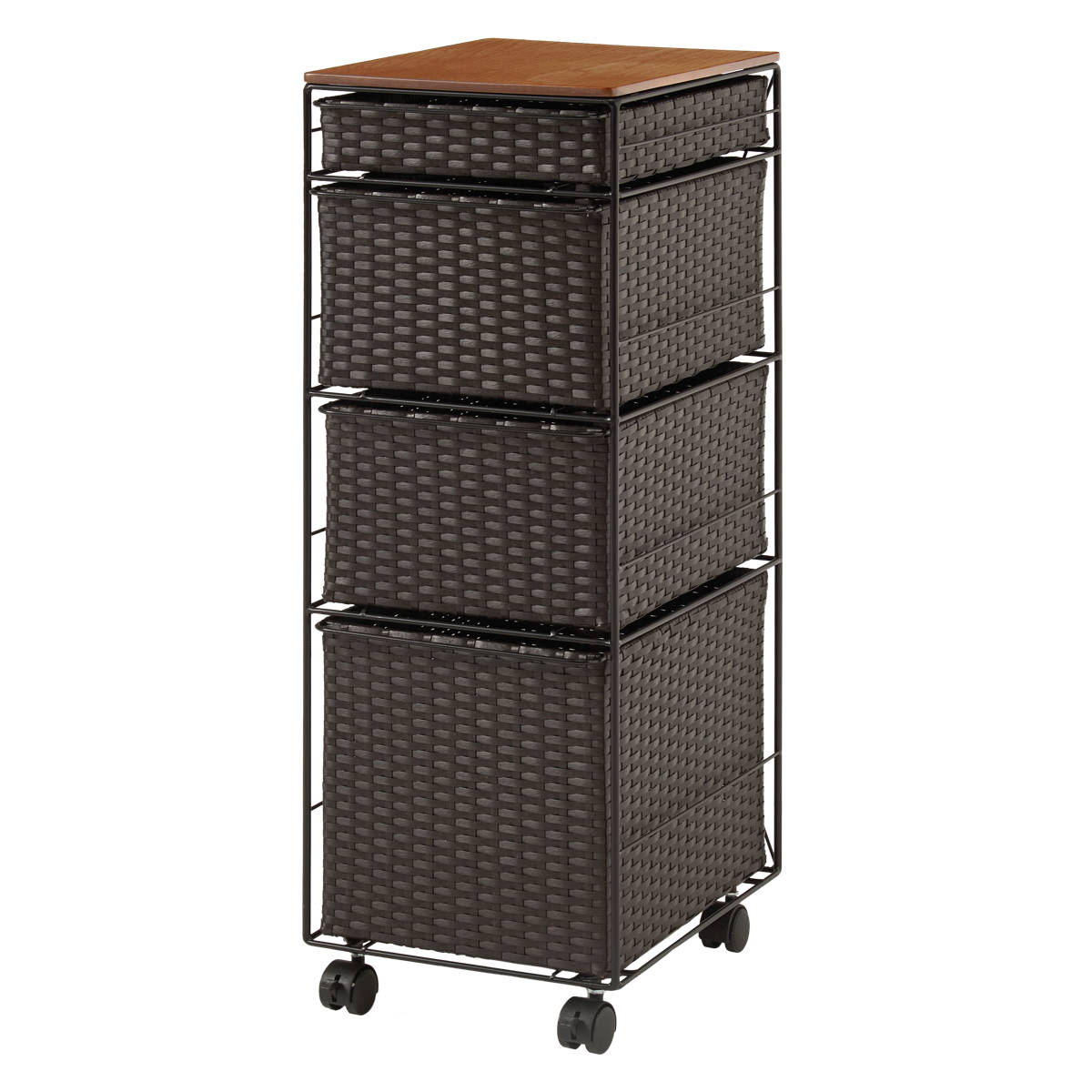 ランドリーチェスト 幅30cm 4段 スリム 引き出し 隙間収納 キャスター付き 木目調天板 スチール ポリエチレン ( チェスト ラタン調 すき間 キャスター 収納 かご 天板 ランドリーラック サニタリーラック ワゴン 樹脂製 編みかご ) 【ダークブラウン】 ダークブラウン
