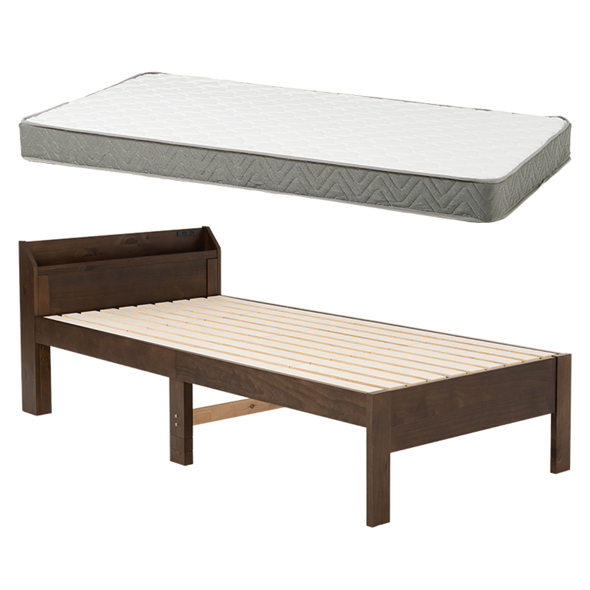 マットレス付きベッド シングル ボンネルコイルマットレス 宮棚 2口コンセント付 ( マットレス付 すのこ 圧縮梱包 耐荷重350kg ボンネルコイル 厚さ14.5cm 棚付き ダークブラウン ライトブラウン ナチュラル ) 【ダークブラウン】 ダークブラウン