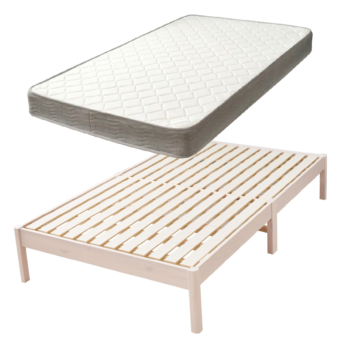 マットレス付きベッド セミダブル ボンネルコイルマットレス 3分組立 ベッド ( マットレス付 組み立て簡単 すのこ 圧縮梱包 工具不要 ボンネルコイル 3分組み立て 耐荷重350kg ライトブラウン ナチュラル ホワイトウォッシュ ) 【ホワイトウォッシュ】 ホワイトウォッシュ