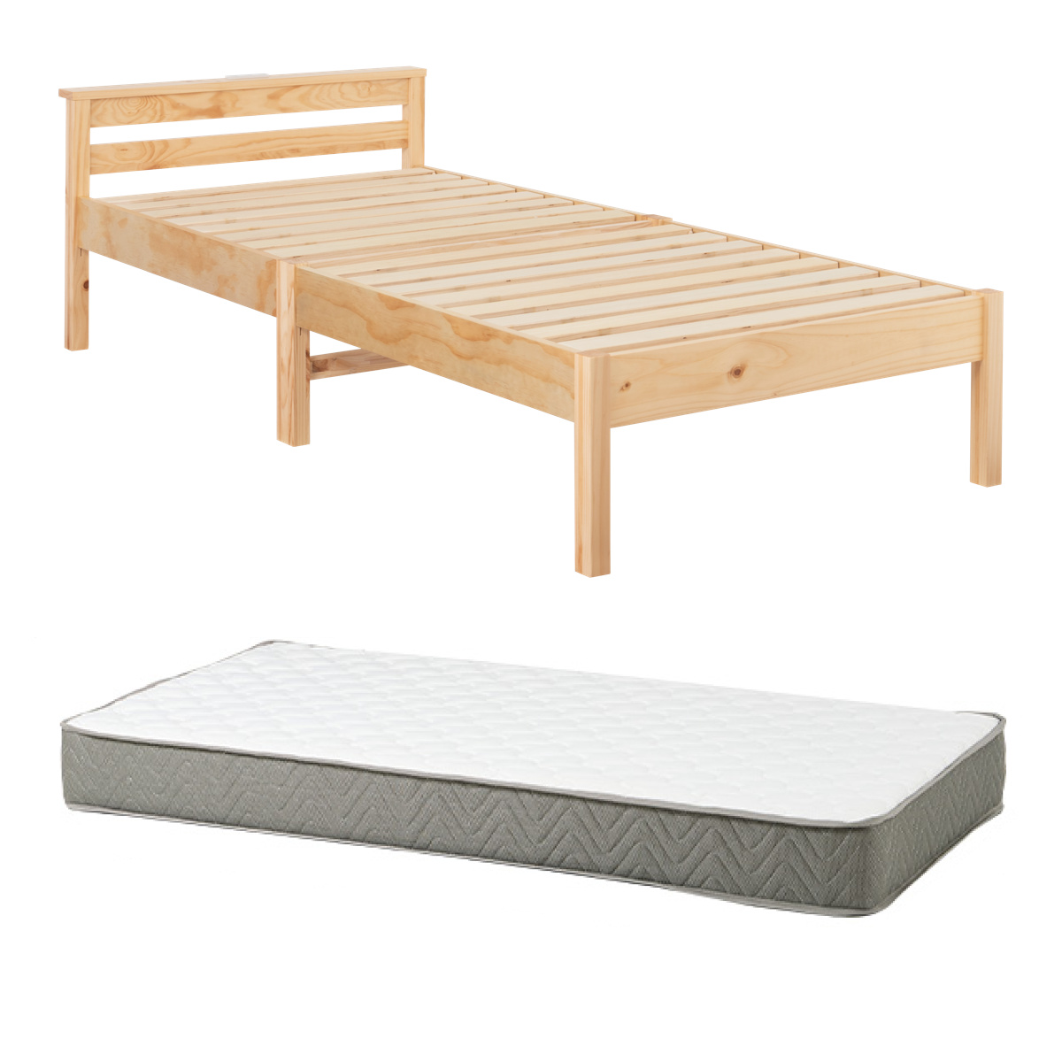 3分組立ベッド シングル ポケットコイルマットレス付 宮棚 2口コンセント付 工具不要 天然木 ( ベッド 3分組み立て 組み立て簡単 棚付き 圧縮梱包 マットレスセット 耐荷重200kg ライトブラウン ナチュラル ホワイトウォッシュ ) 【ナチュラル】 ナチュラル