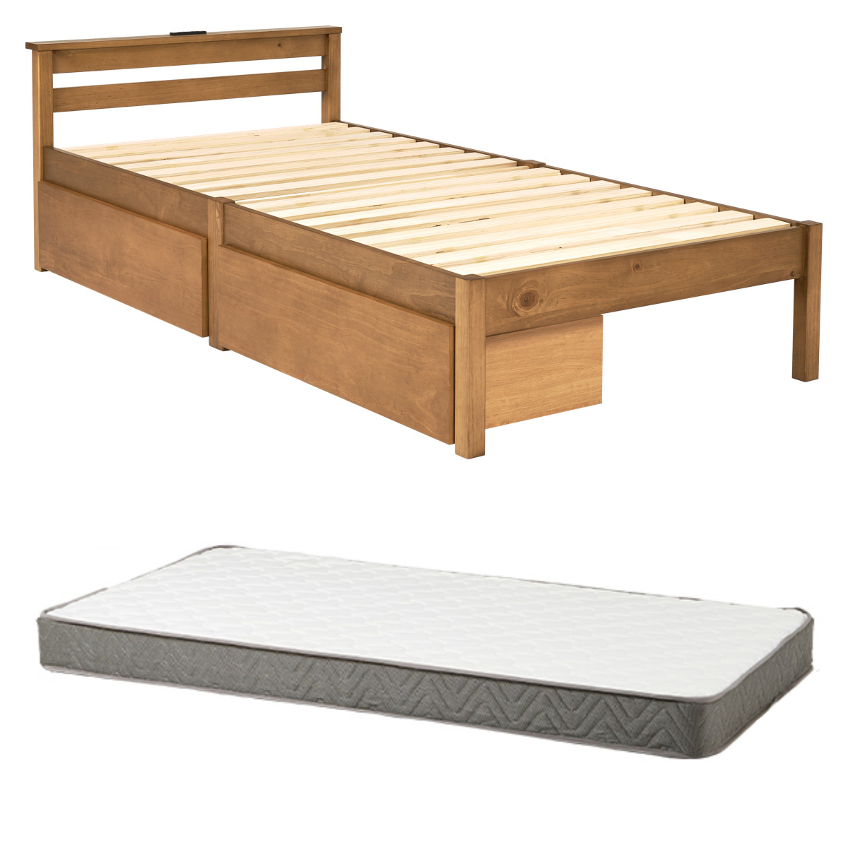 3分組立ベッド シングル ボンネルコイルマットレス付 引出し収納 宮棚 2口コンセント ( ベッド 3分組み立て 組み立て簡単 圧縮梱包 収納付き 工具不要 マットレスセット 耐荷重200kg ライトブラウン ナチュラル ウォッシュホワイト ) 【ライトブラウン】 ライトブラウン