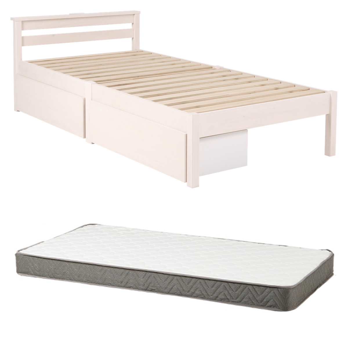 3分組立ベッド シングル ボンネルコイルマットレス付 引出し収納 宮棚 2口コンセント ( ベッド 3分組み立て 組み立て簡単 圧縮梱包 収納付き 工具不要 マットレスセット 耐荷重200kg ライトブラウン ナチュラル ウォッシュホワイト ) 【ウォッシュホワイト】 ウォッシュホワイト