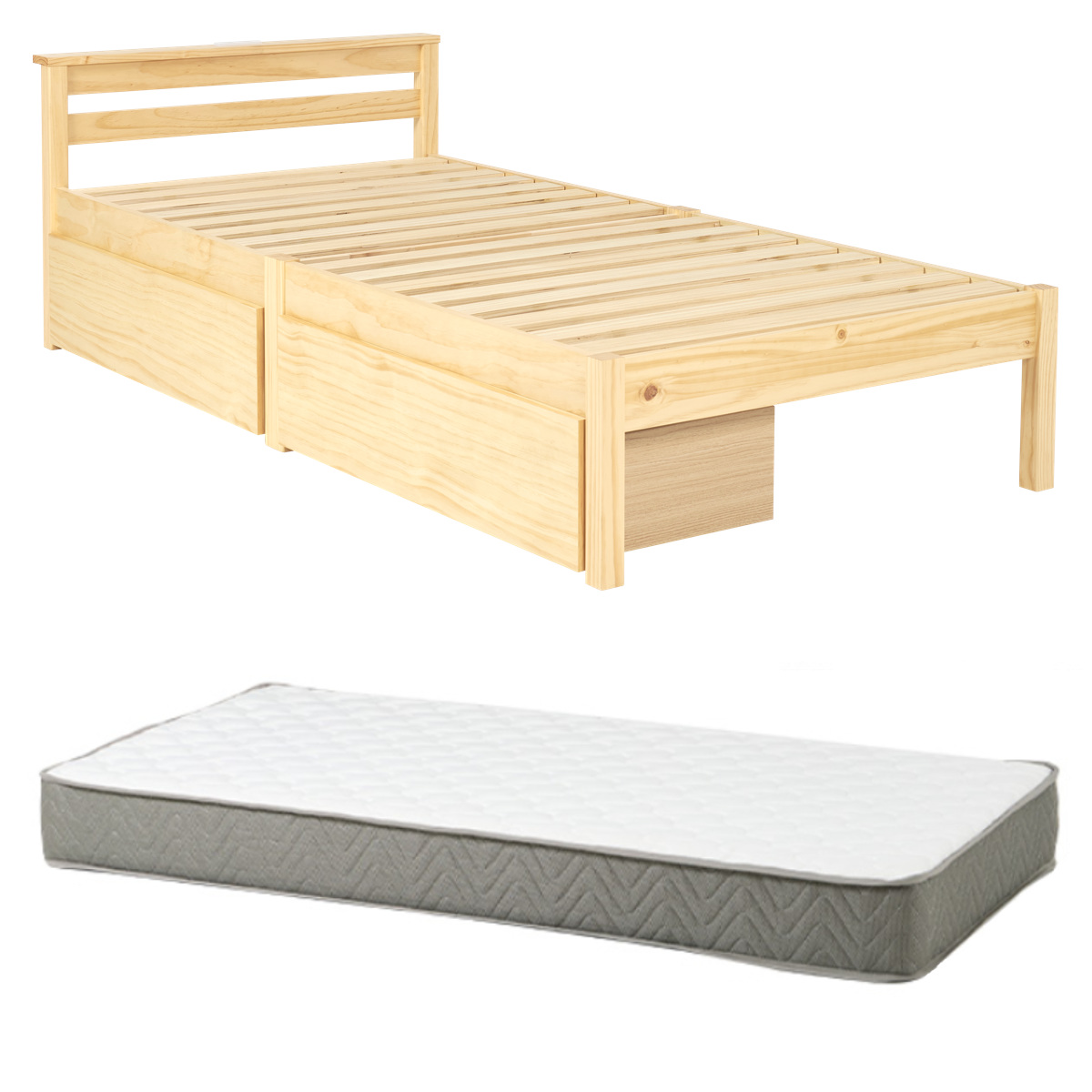 3分組立ベッド シングル ポケットコイルマットレス付 引出し収納 宮棚 2口コンセント ( ベッド 3分組み立て 組み立て簡単 圧縮梱包 収納付き 工具不要 マットレスセット 耐荷重200kg ライトブラウン ナチュラル ウォッシュホワイト ) 【ナチュラル】 ナチュラル