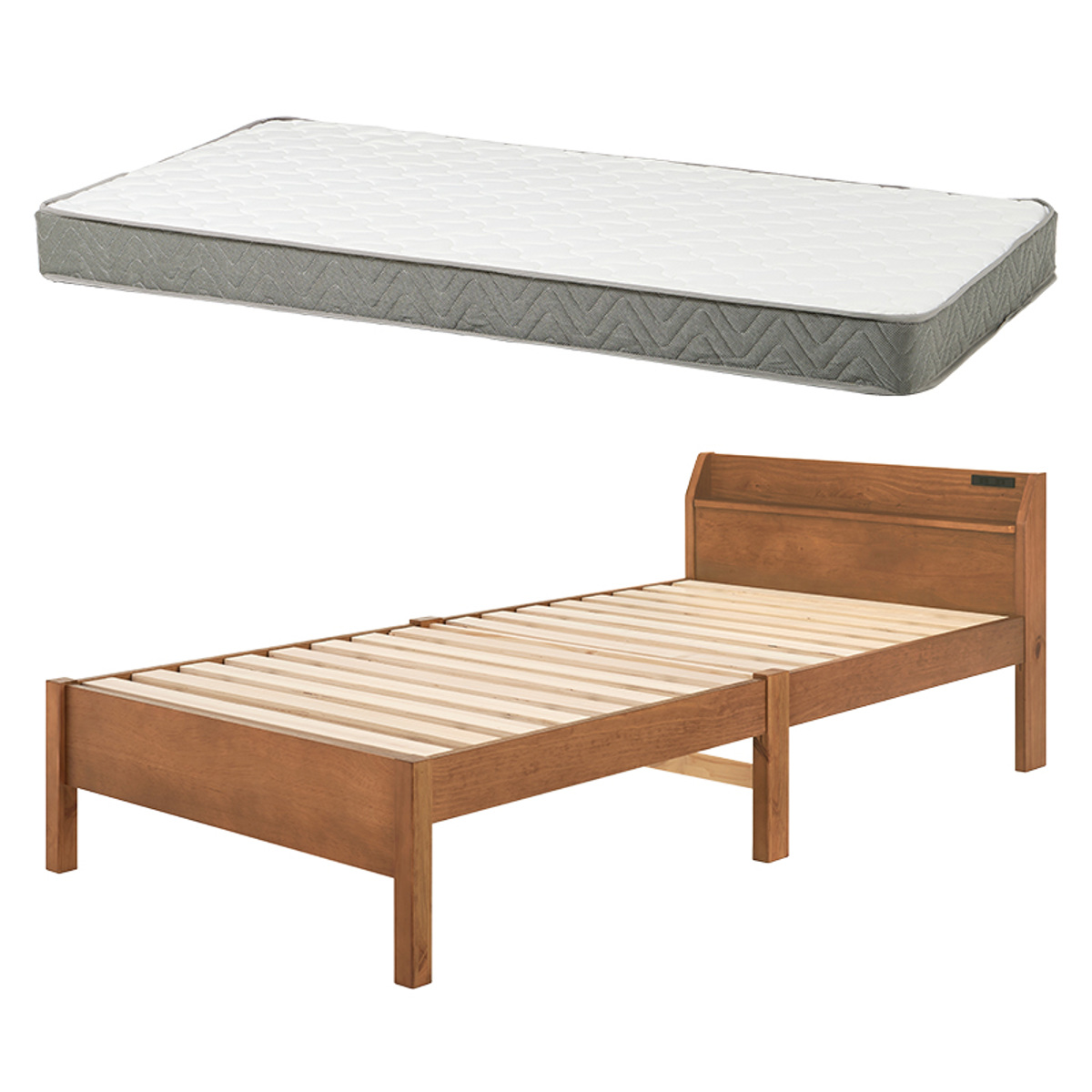 3分組立ベッド シングル ボンネルコイルマットレス付 宮棚 2口コンセント ロールすのこ ( ベッド 3分組み立て 組み立て簡単 圧縮梱包 工具不要 マットレスセット 耐荷重200kg ライトブラウン ナチュラル ウォッシュホワイト ) 【ライトブラウン】 ライトブラウン