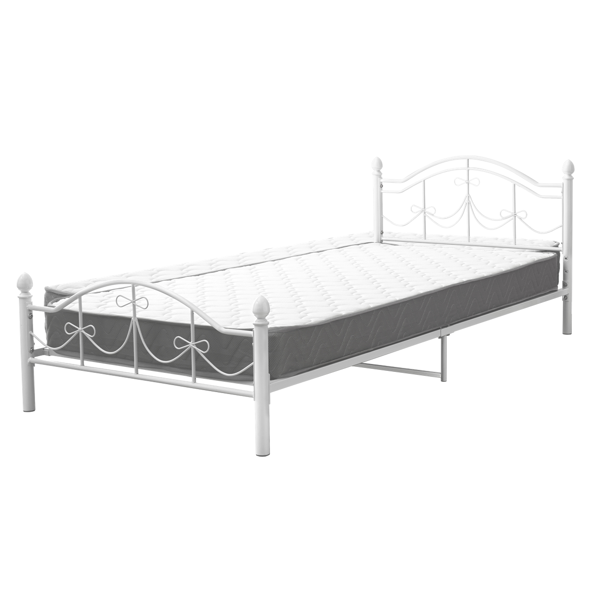 ベッド シングル ボンネルコイルマットレス付 姫系 白家具 ( マットレス付 2段階高さ調節 メッシュ床板 圧縮梱包 ボンネルコイル 厚さ14.5cm 棚付き ホワイト プリンセス リボン 装飾 )