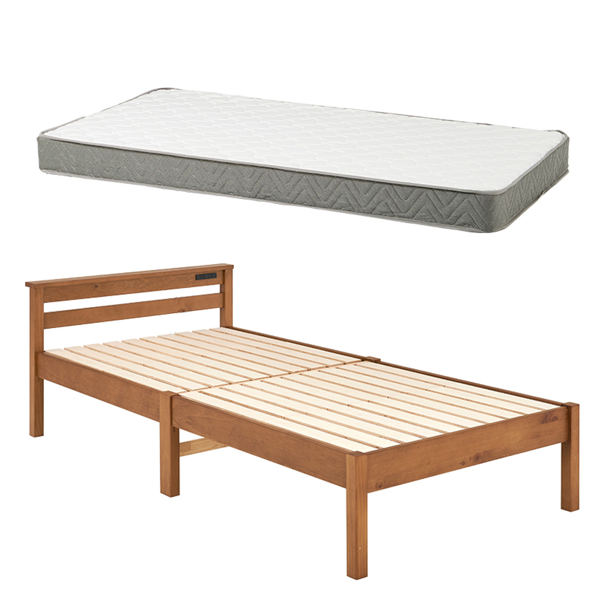 3分組立ベッド シングル ボンネルコイルマットレス付 宮棚 2口コンセント付 ( ベッド 3分組み立て 組み立て簡単 圧縮梱包 工具不要 マットレスセット 耐荷重350kg ライトブラウン ナチュラル ウォッシュホワイト ) 【ライトブラウン】 ライトブラウン