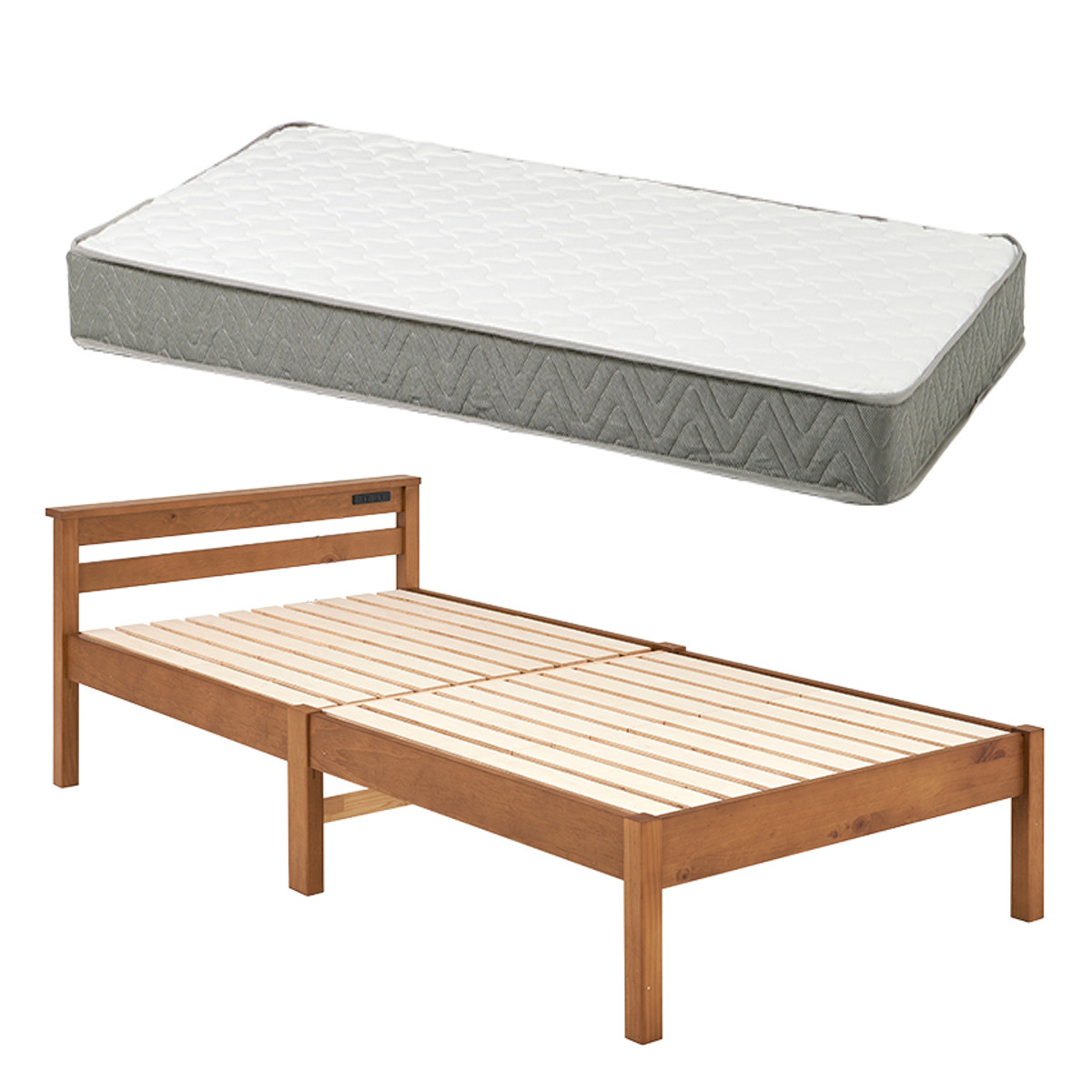 3分組立ベッド シングル ポケットコイルマットレス付 宮棚 2口コンセント付 ( ベッド 3分組み立て 組み立て簡単 圧縮梱包 工具不要 マットレスセット 耐荷重350kg ライトブラウン ナチュラル ウォッシュホワイト ) 【ライトブラウン】 ライトブラウン