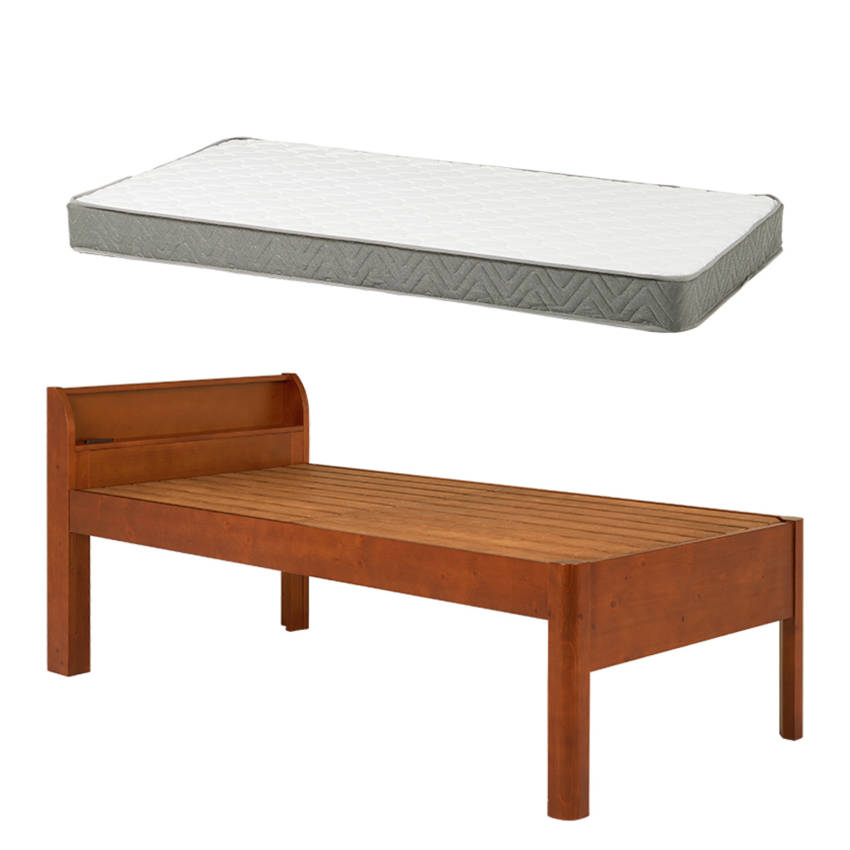 3分組立ベッド シングル ハイタイプ ボンネルコイルマットレス付 宮棚 2口コンセント付 高耐荷重 ( ベッド 3分組み立て 組み立て簡単 圧縮梱包 工具不要 マットレスセット 耐荷重400kg 天然木 ディープブラウン ナチュラル ) 【ディープブラウン】 ディープブラウン