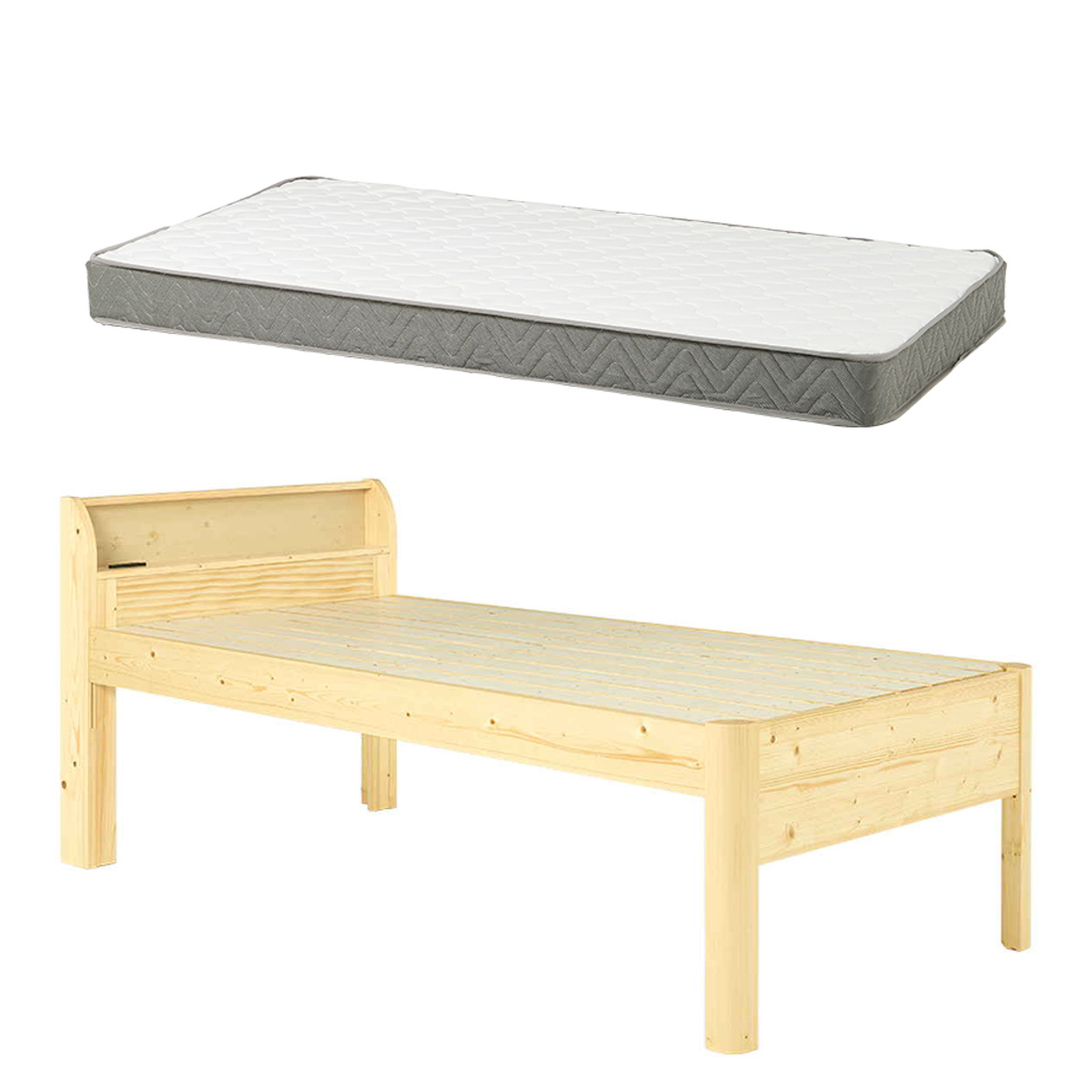 3分組立ベッド シングル ハイタイプ ボンネルコイルマットレス付 宮棚 2口コンセント付 高耐荷重 ( ベッド 3分組み立て 組み立て簡単 圧縮梱包 工具不要 マットレスセット 耐荷重400kg 天然木 ディープブラウン ナチュラル ) 【ナチュラル】 ナチュラル