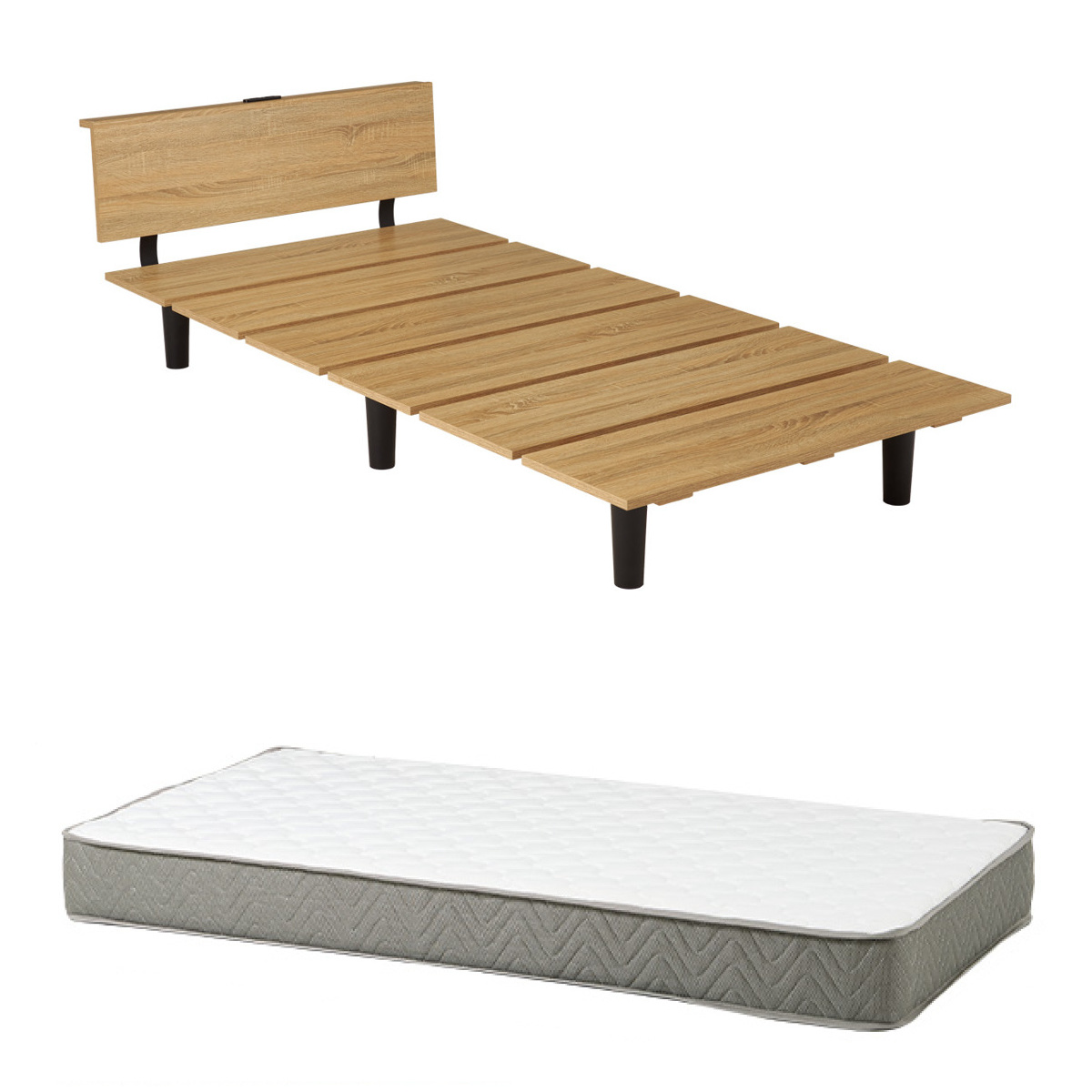 ステージ風ベッド シングル ボンネルコイルマットレス付 ロースタイル 2口コンセント付 ( ベッド マットレス付 ステージ風 通気性 圧縮梱包 ボンネルコイル 耐荷重200kg コンセント付き ブラウン ナチュラル ) 【ナチュラル】 ナチュラル