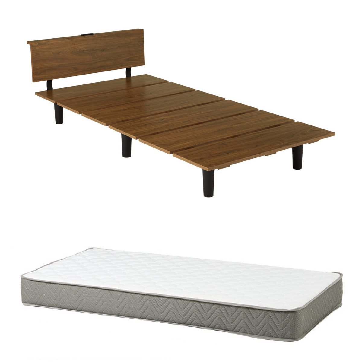 ステージ風ベッド シングル ポケットコイルマットレス付 ロースタイル 2口コンセント付 ( ベッド マットレス付 ステージ風 通気性 圧縮梱包 ポケットコイル 耐荷重200kg コンセント付き ブラウン ナチュラル ) 【ブラウン】 ブラウン