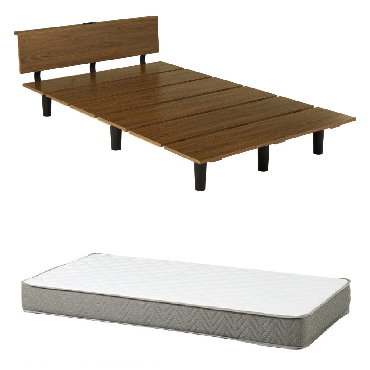 ステージ風ベッド セミダブル ボンネルコイルマットレス付 ロースタイル 2口コンセント付 ( ベッド マットレス付 ステージ風 通気性 圧縮梱包 ボンネルコイル 耐荷重200kg コンセント付き ブラウン ナチュラル ) 【ブラウン】 ブラウン