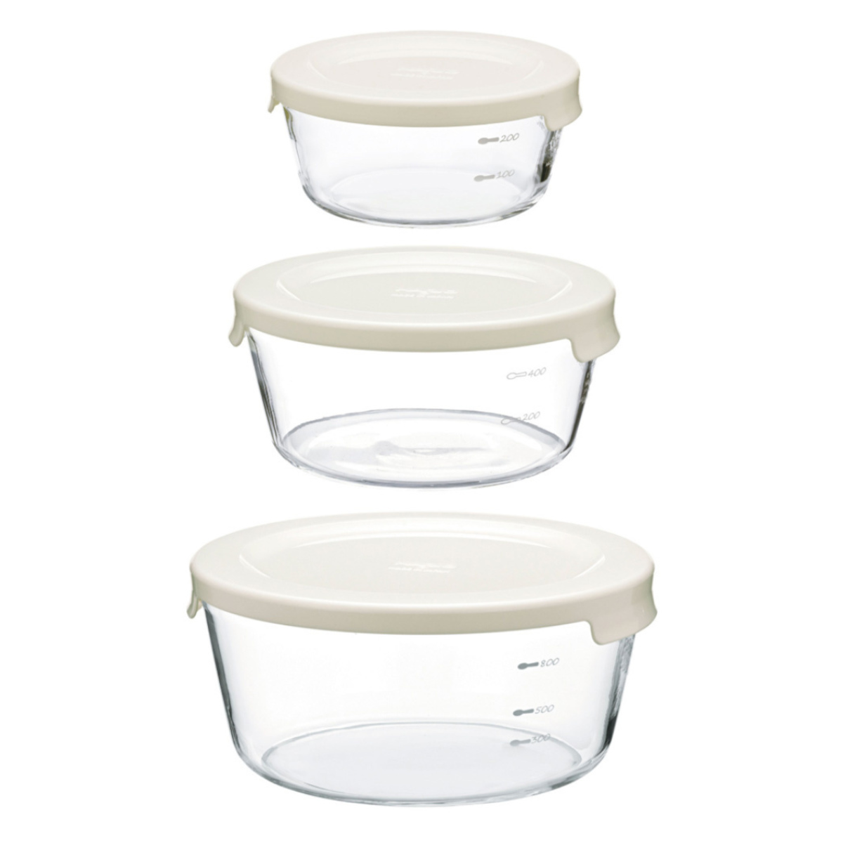 ハリオ 保存容器 耐熱ガラス 丸 3個入り 300ml 600ml 1.2L ( HARIO ガラス 電子レンジ対応 食洗機対応 オーブン対応 日本製 耐熱容器 保存 容器 ガラス容器 食品保存 作り置き 積み重ね 耐熱 入れ子式 収納 ) 【オフホワイト】 オフホワイト