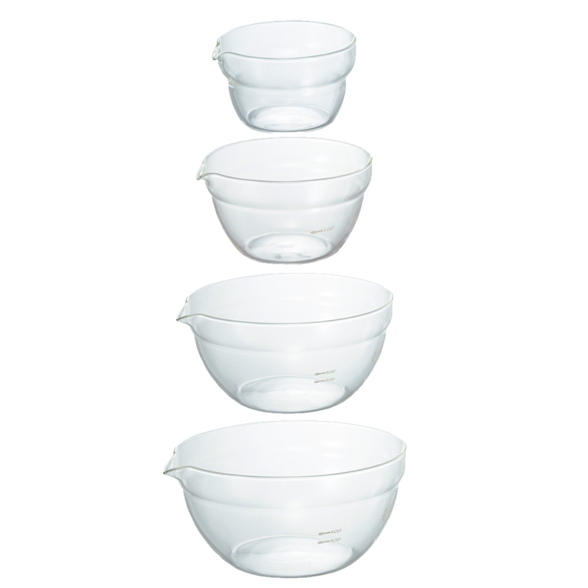 HARIO ハリオ ボウル 片口ボール 4個セット ( ボール 耐熱ボウル 耐熱ガラス 調理ボウル 電子レンジ対応 食洗機対応 100ml 200ml 400ml 800ml 注ぎ口 レンジOK ミニボウル キッチンボウル 調理用ボウル 下ごしらえ 製菓道具 )
