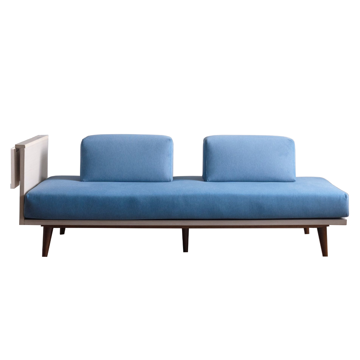 ソファ 2人掛け ポケットコイル サイドテーブル付 ( ソファー リビングソファ 背もたれ クッション 取り外し 折りたたみテーブル 座面 広い ソファベッド カバーリング 撥水 脚付き 木製 天然木 ファブリック 傷に強い ) 【ライトブルー】 ライトブルー