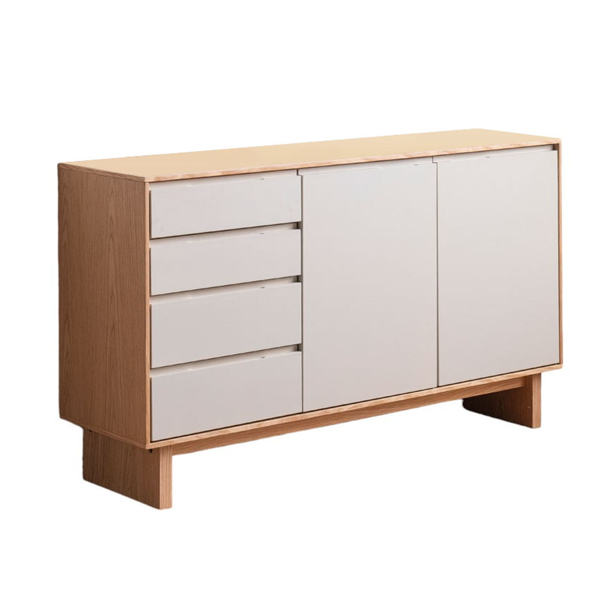 サイドボード 幅140cm 背面化粧 フルスライドレール 天然木 完成品 ( 棚 ラック 引き出し A4対応 収納 可動棚 ニュアンス くすみカラー リビングボード 4段 省スペース ツートンカラー お掃除ロボット対応 )