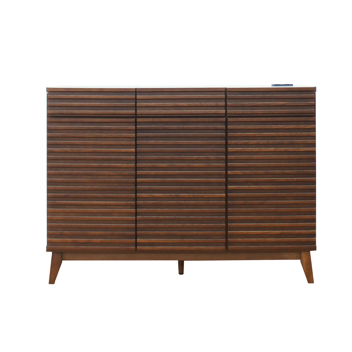 キッチンカウンター 幅120cm 2口コンセント付 ルーバーデザイン 天然木 完成品 ( カウンター キッチン 収納 フルスライドレール 木製 お掃除ロボット対応 リビングボード 引き出し コンセント付 ブラウン ナチュラル 可動棚 ) 【ブラウン】 ブラウン