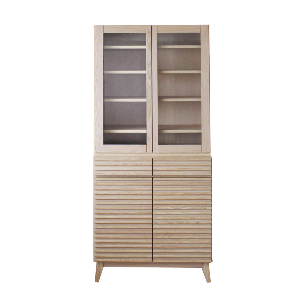 食器棚 幅80cm 高さ180cm ルーバーデザイン 天然木 ( カップボード キッチン 収納 フルスライドレール 食器収納 引き出し ブラウン ナチュラル 可動棚 ) 【ナチュラル】 ナチュラル