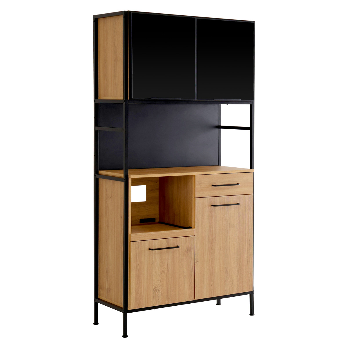 食器棚 幅92.7cm マグネット収納 スライド棚 可動棚 ( 木目調 引き出し 家電 食器 キッチン収納 収納棚 引出 カトラリー 木目 マグネットパネル アジャスター付き ) 【シャビーオーク】 シャビーオーク