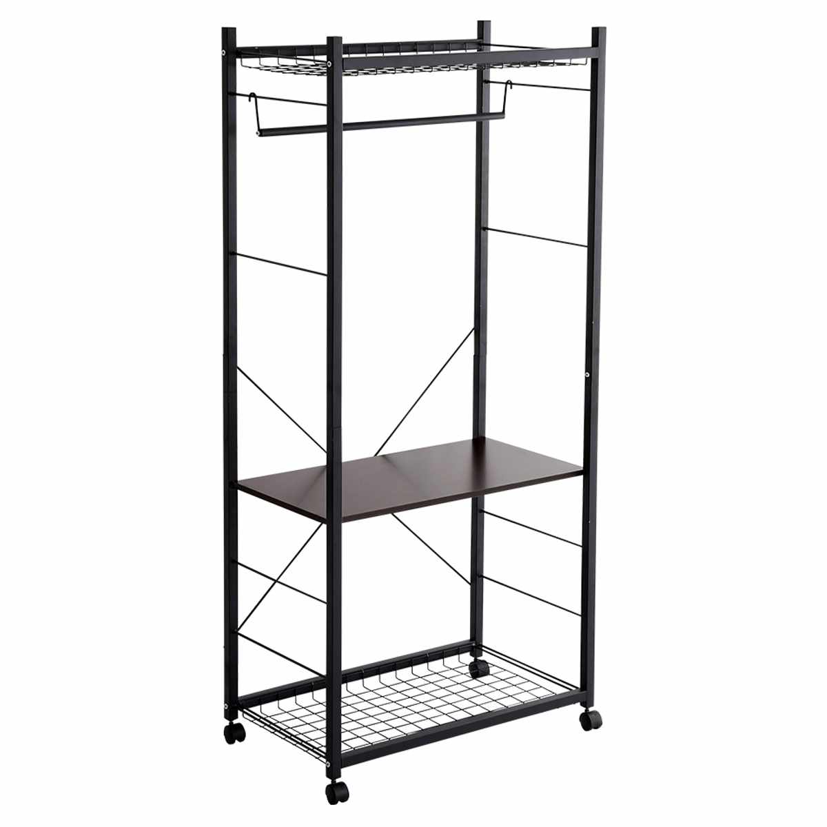 ハンガーラック Lacatas 幅75cm キャスター付き 可動棚 ( 高さ調節可能 棚付き スチールフレーム コートハンガー コート掛け 衣類収納 玄関収納 小物収納 帽子 靴 バッグ シンプル ブラック )