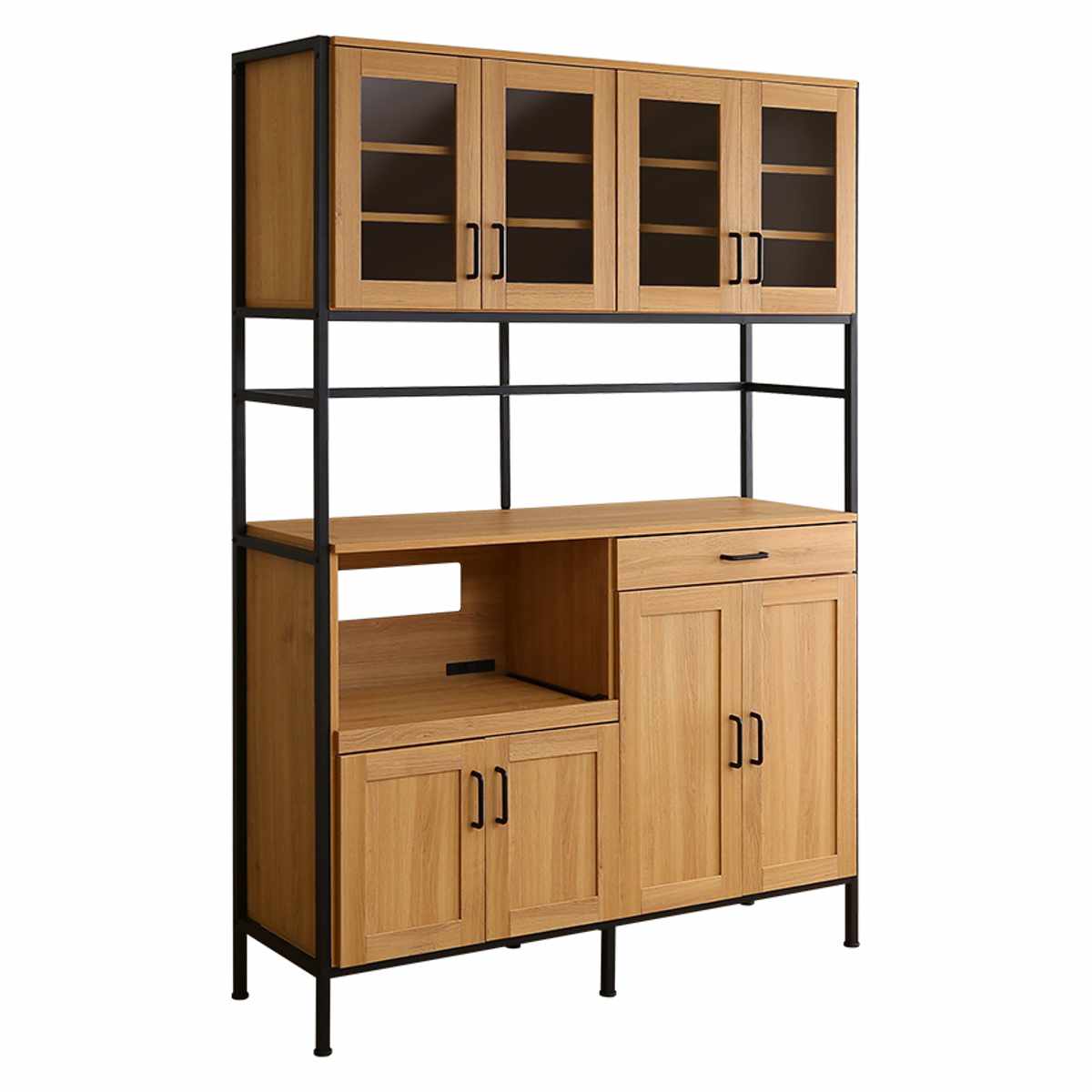 食器棚 幅122.6cm 木目調 2口コンセント付き スライド棚 引き出し 可動棚 ( レンジ台 キッチン収納 家電 キッチン 大容量 作業台 食器 カトラリー キッチン小物 スライドレール ) 【シャビーオーク】 シャビーオーク