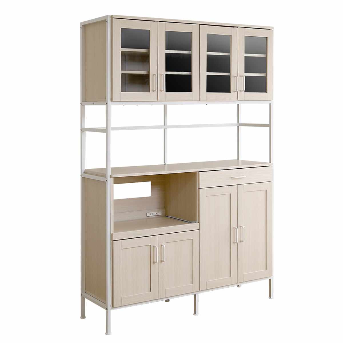 食器棚 幅122.6cm 木目調 2口コンセント付き スライド棚 引き出し 可動棚 ( レンジ台 キッチン収納 家電 キッチン 大容量 作業台 食器 カトラリー キッチン小物 スライドレール ) 【ホワイトオーク】 ホワイトオーク